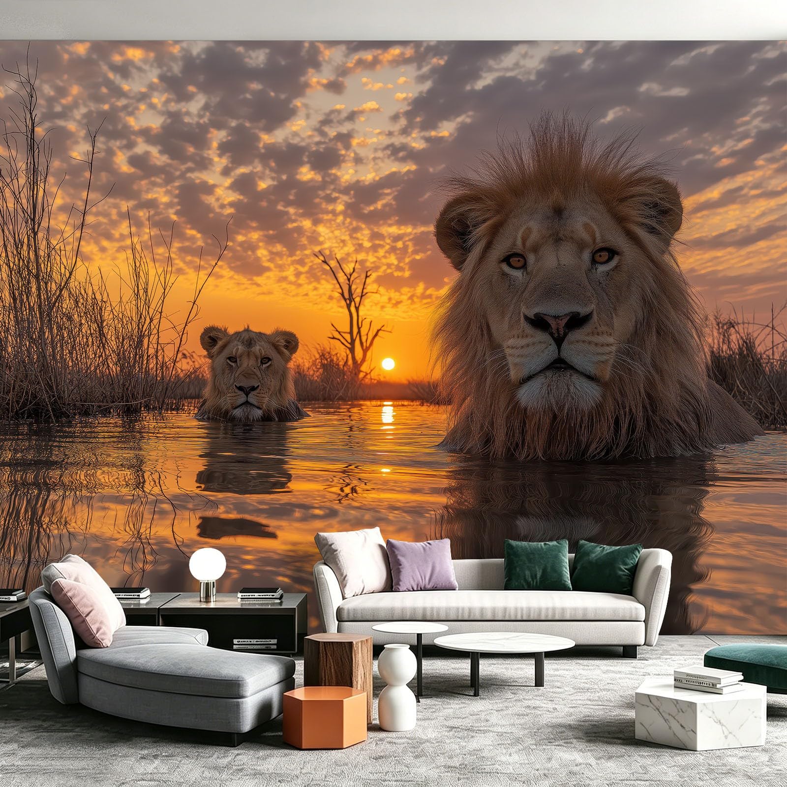 Carta da parati fotografica in tessuto non tessuto, motivo: leone al tramonto, 350 x 256 cm (larghezza x altezza), per cucina, sala da pranzo, ufficio, carta da parati, decorazione artistica