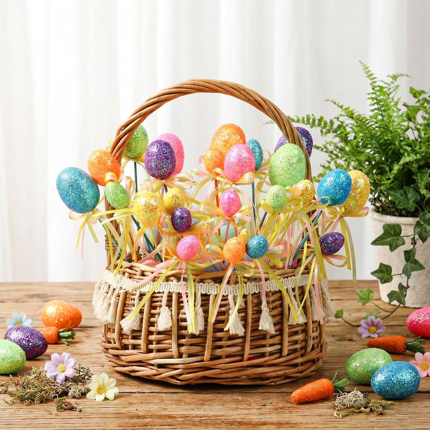 Leinuosen 24 Pcs Easter Egg Picks Glitter Foam Easter Cupcake Picks Spring Colorful Floral Egg Stems for Tree Topper Decor Basket DIY Crafts Centerpiece Celebration Home Vase Decor, Assorted Colors