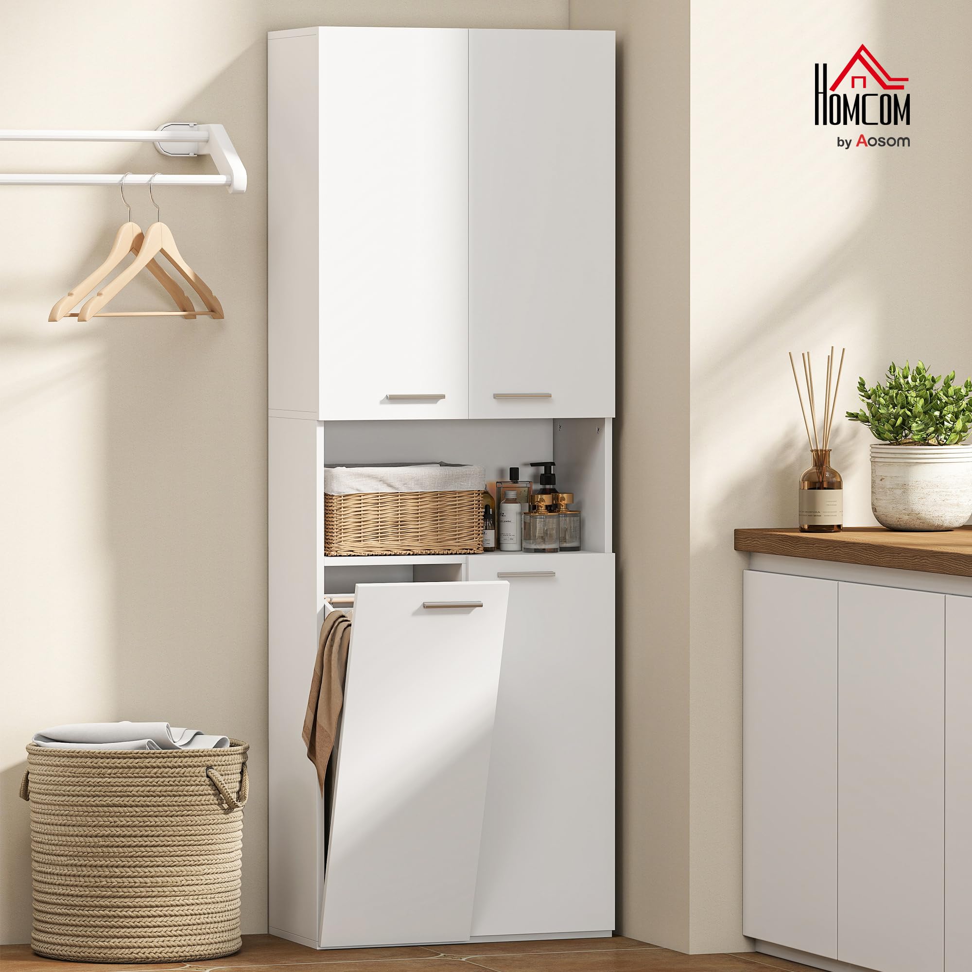 HOMCOM Badezimmerschrank Badschrank Wäschekorb 60 x 30 x 174 cm Weiß