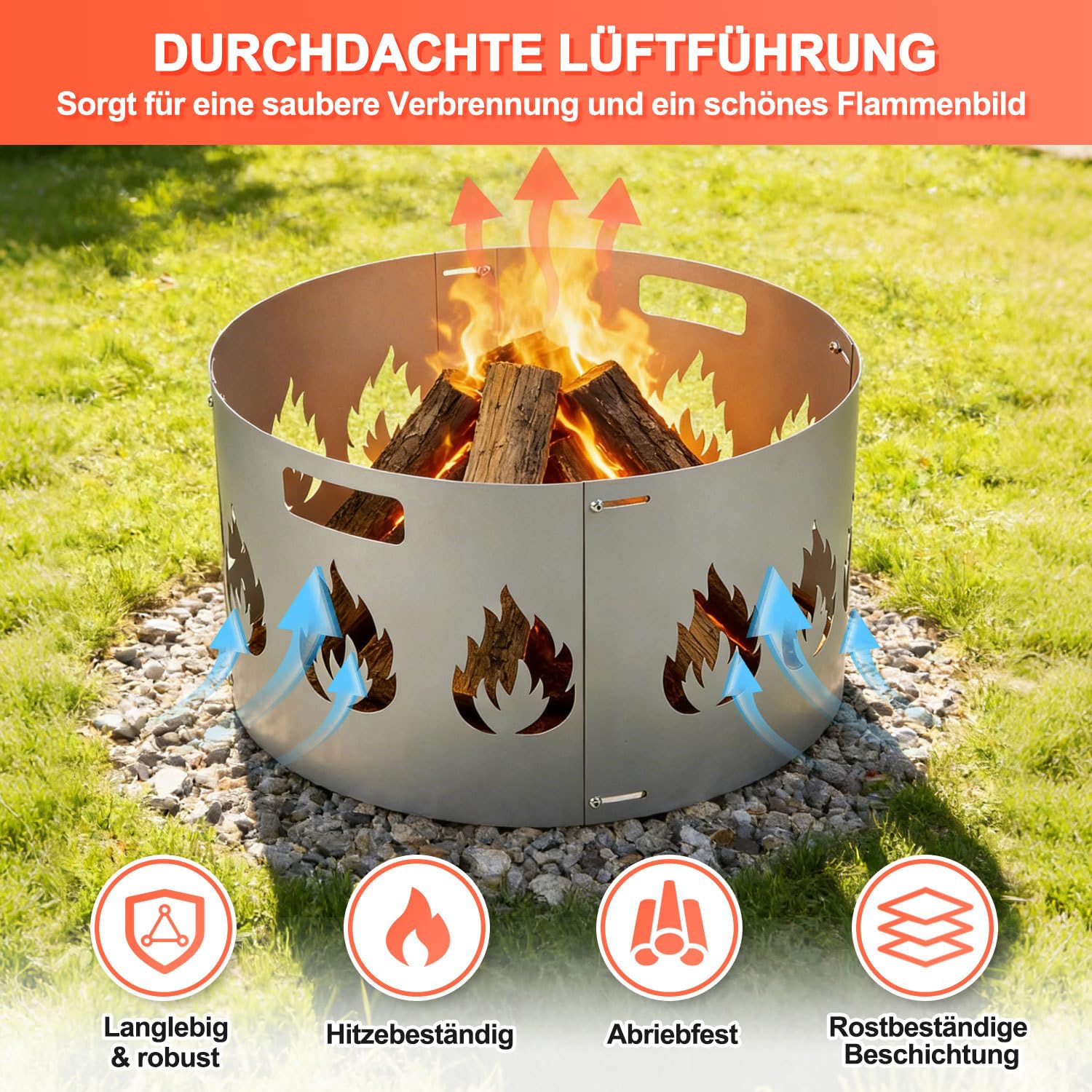 Brasero de protección contra chispas ajustable Ø70-75 cm, rejilla de chispas con asa, chapa de acero de 1,2 mm de grosor, 4 piezas, enchufable, perfecta para jardín y terraza, color plateado