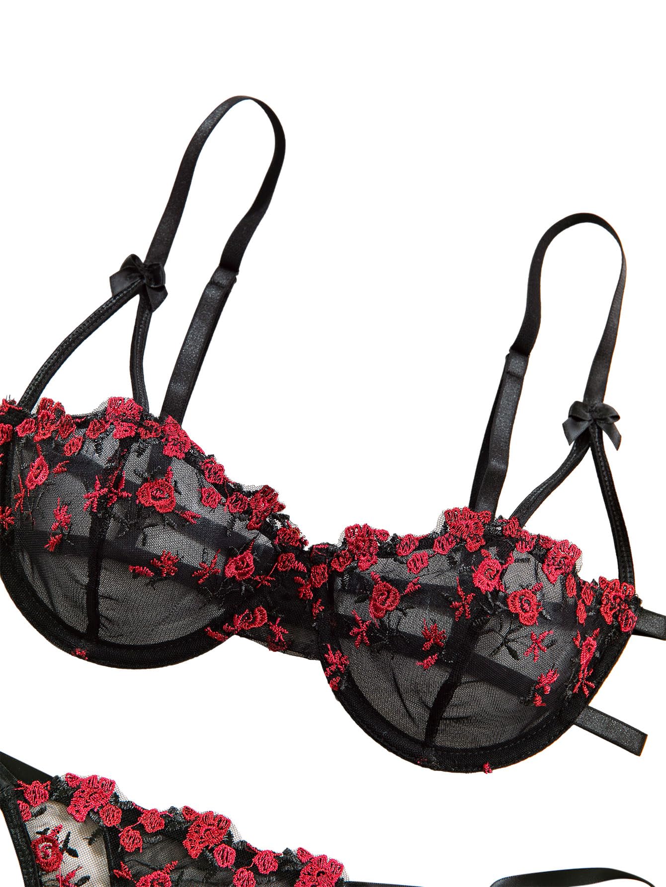Lilosy Sexy Tie Side Cute Underwire Push Up Strappy Embroidered Mesh Sheer Lingerie Set: Small Bow Floral Black Red