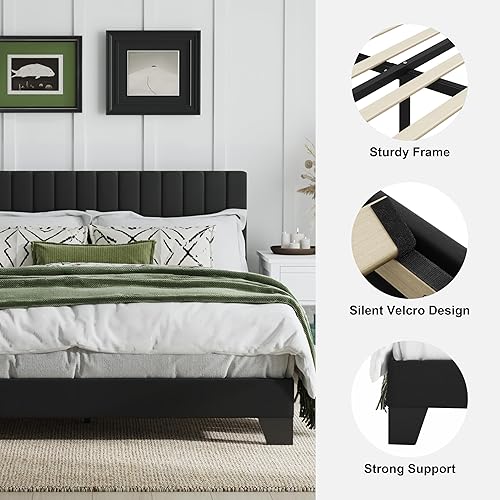 Miniatura 5 de Base de cama de tamaño matrimonial, cama de plataforma tapizada de terciopelo con cabecera ajustable copetuda, marco resistente y listones, Negro