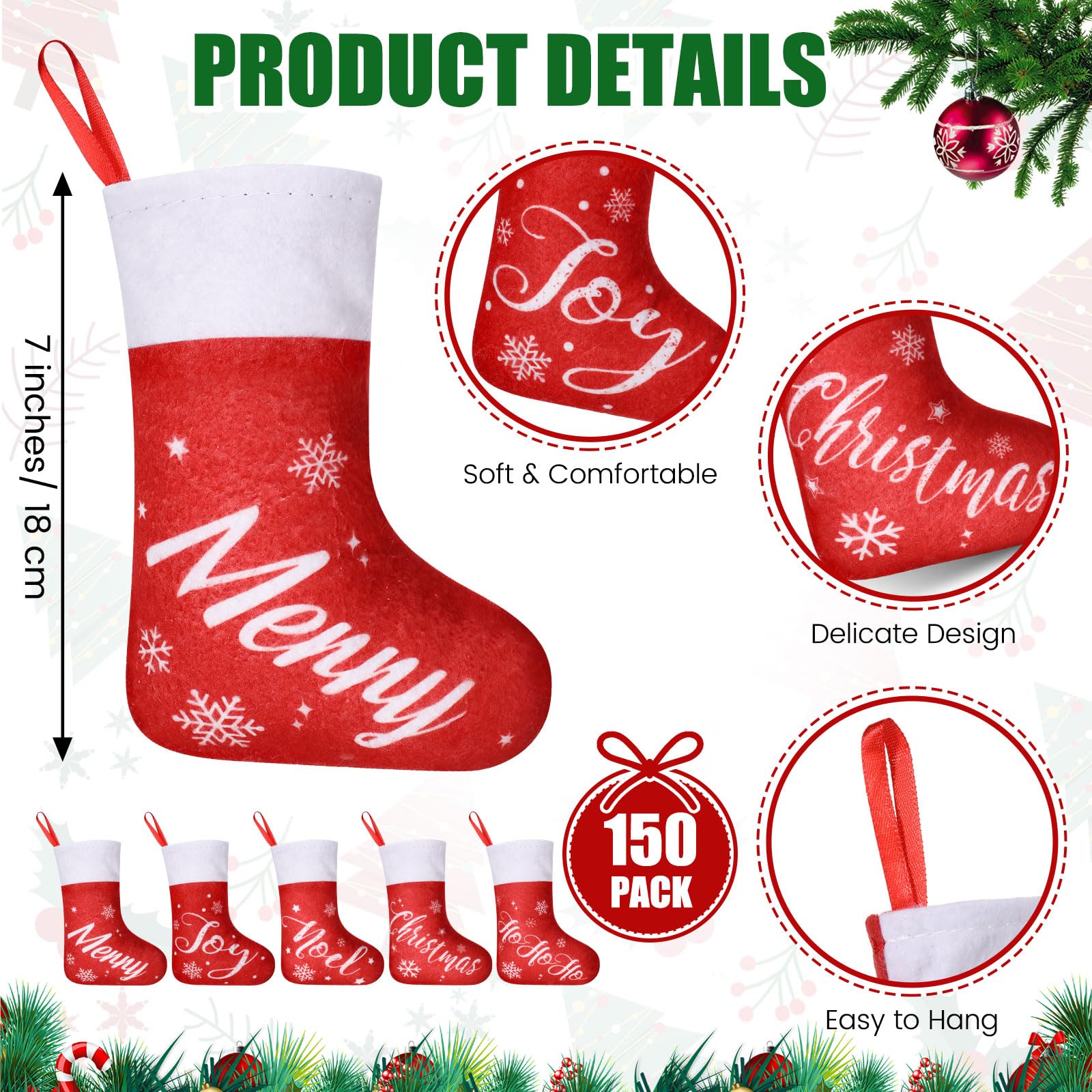 Mini-Weihnachtsstrümpfe mit Schneeflocke, 17,8 cm, Rot, 150 Stück