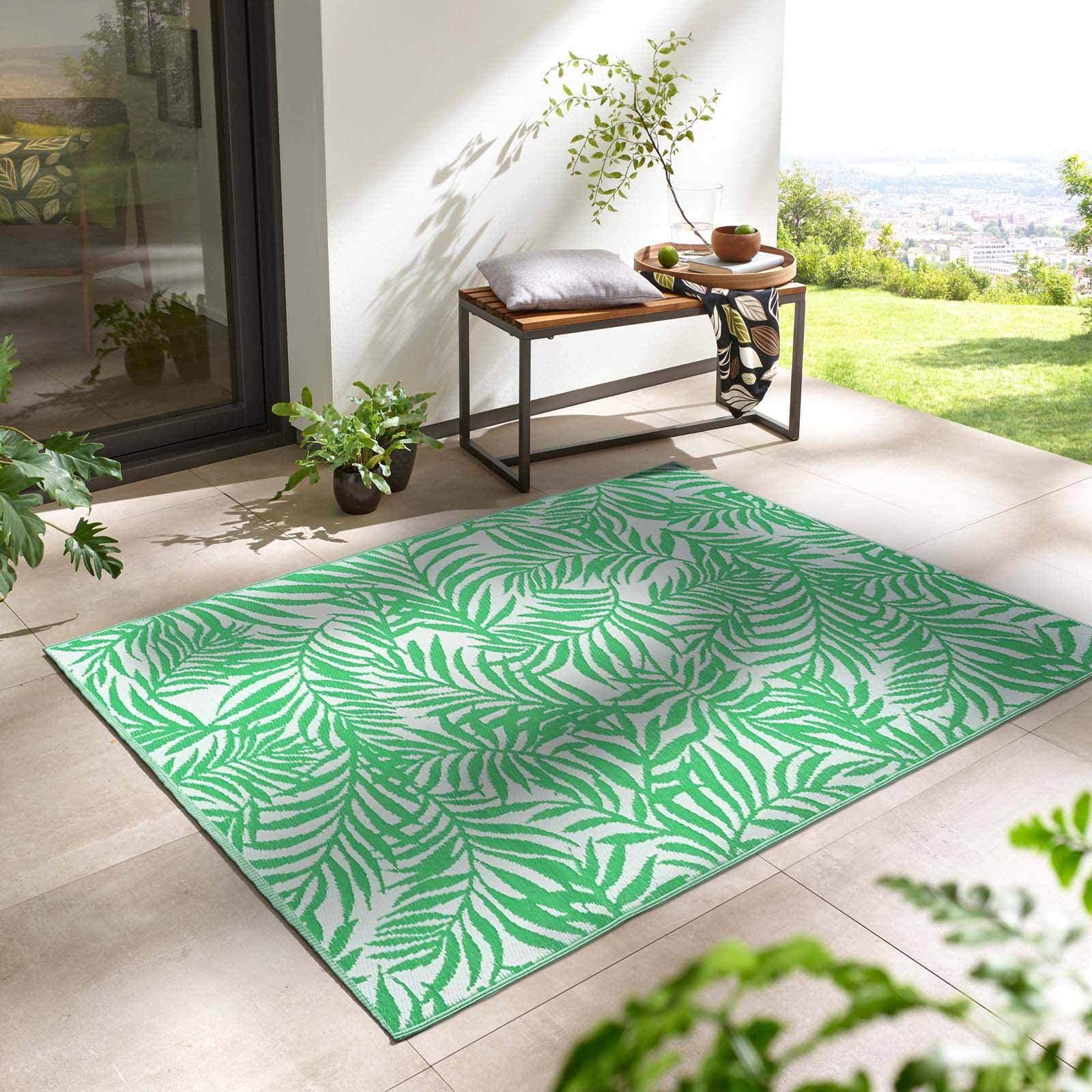 Taracarpet Outdoor Kurzflor Teppich Santa Monica wetterfest, wasserfest, rechteckig, Höhe: 3 mm, Balkon Garten Terrasse Camping Wintergarten hellgrün Palme 120x170 cm