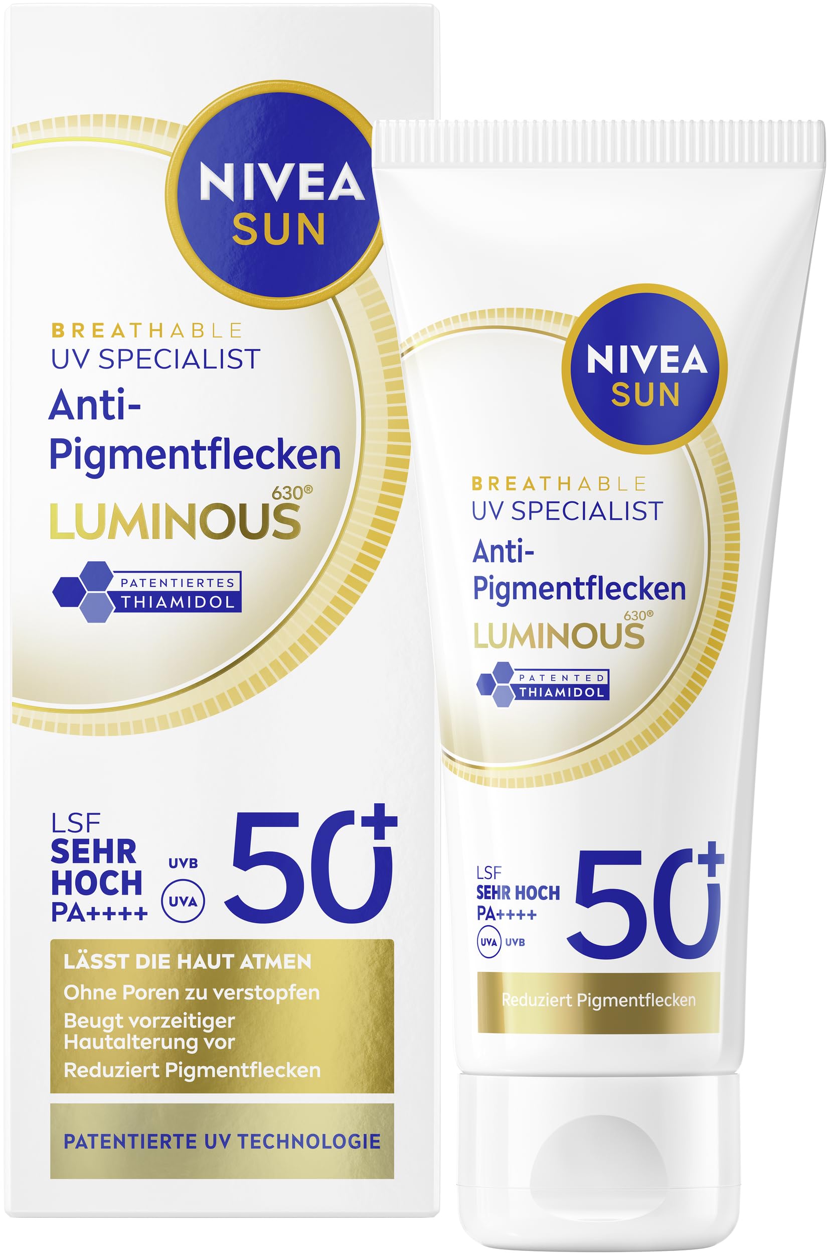 NIVEA SUN UV Gesicht Experte Anti-Pigmentflecken Sonnenschutz LSF 50+, nicht fettendes Sonnencreme Fluid mit patentiertem Thiamidol, Gesichtspflege mit Hyaluron und Vitamin E (40 ml)