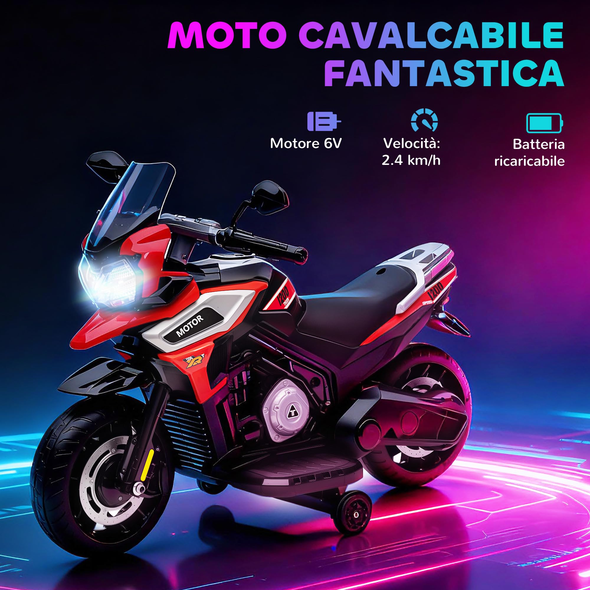 AIYAPLAY Moto Elettrica per Bambini 18-36 Mesi, 6V Motorino Elettrico per Bambini con Rotelle Rimovibili, Fari, Musica, 2.4 km/h Mini Moto con Fanale, Max 30kg, Rosso