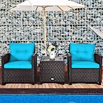Tangkula 3 Pieces Patio Furniture Set, PE Rattan Wicker 3 Pcs Outdoor Sofa Set w/Washable Cushion and Tempered Glass Tabletop, Conversation Furniture for Garden Poolside Balcony (Turquoise)