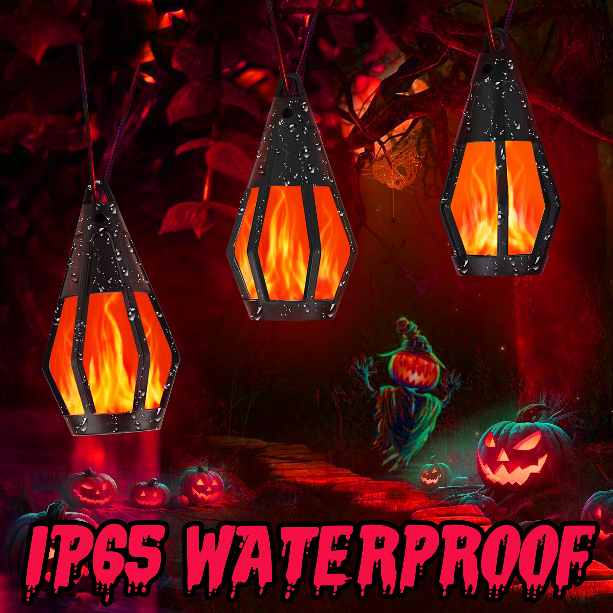 Solar-Lichterkette für den Außenbereich, 10 m, Solar-Terrassenlichter mit 15 flackernden Flammen, wasserdicht, rot, solarbetrieben, Außenleuchte für Garten, Hof, Terrasse, Pavillon, Bistro, Café