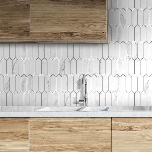 Miniatura 8 de SUNWINGS Azulejo Backsplash para cocina, despegar y pegar, azulejos autoadhesivos compuestos de piedra con patrón de mármol sintético, mosaico