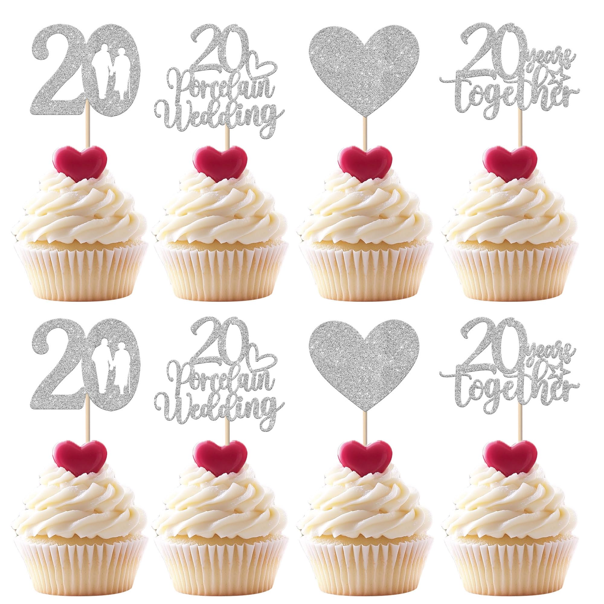 Xsstarmi 24 Pack 20 Porcelain Wedding Cupcake Toppers Sweet Heart Glitter 20 Years Together Cupcake Picks for Happy 20th Wedding Anniversary Party Cake Decorations Supplies