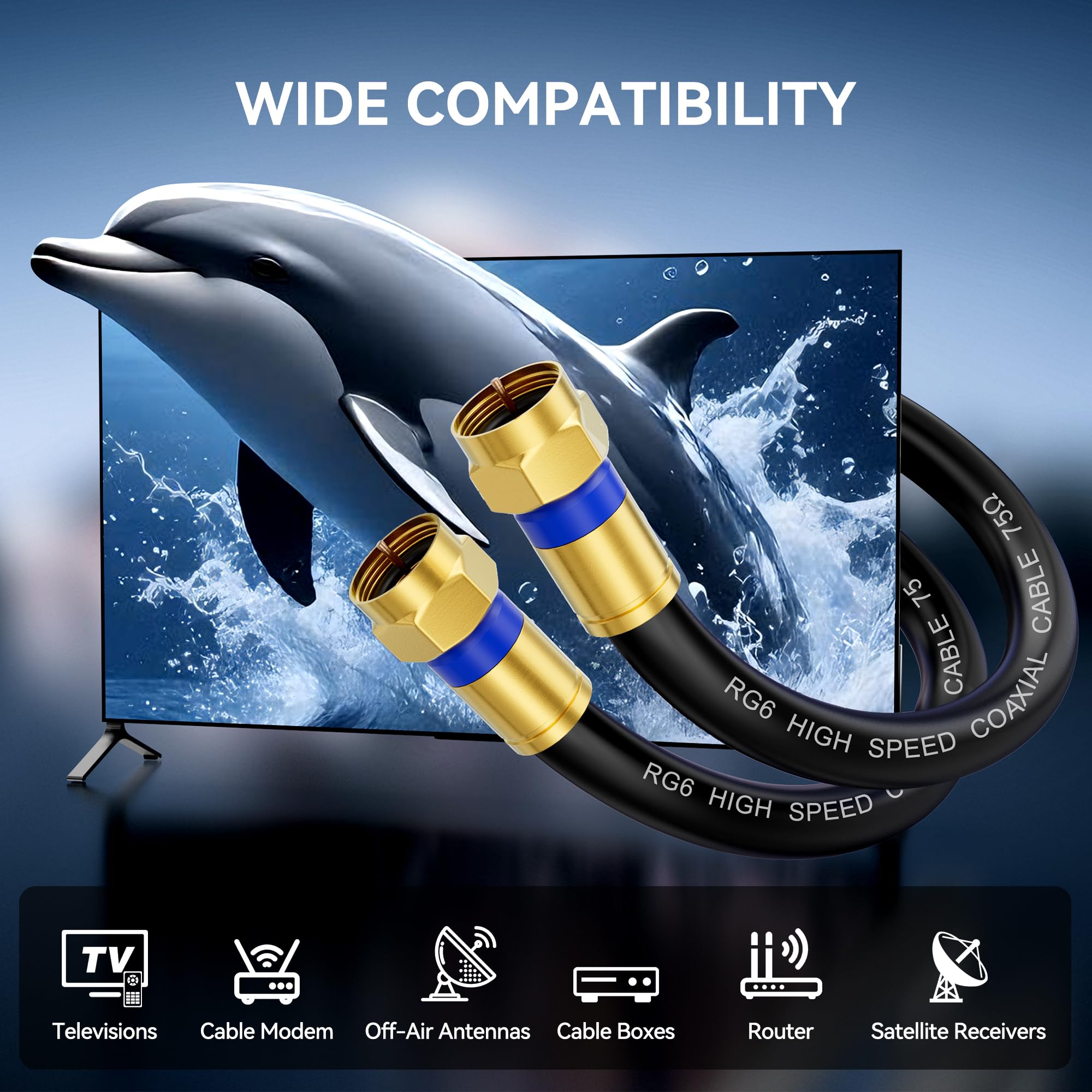 Digoloan Cavo coassiale da 3 m, confezione da 5 pezzi, prolunga per cavo coassiale RG6 con connettore F dorato, cavo Internet ad alta velocità per TV HD, modem, antenna digitale, satellitare, nero