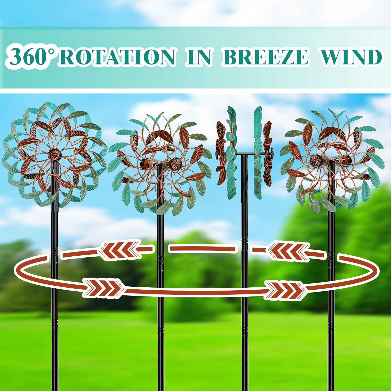 360°-Windspiel für den Außenbereich, Windskulpturen, Windmühle mit Metallpfahl, kinetisch, groß, Metall, Hof, Kunst, Dekor, Spinner, Windräder für Garten, Außenbereich, Terrasse, Rasen, 160,5 x 33,5