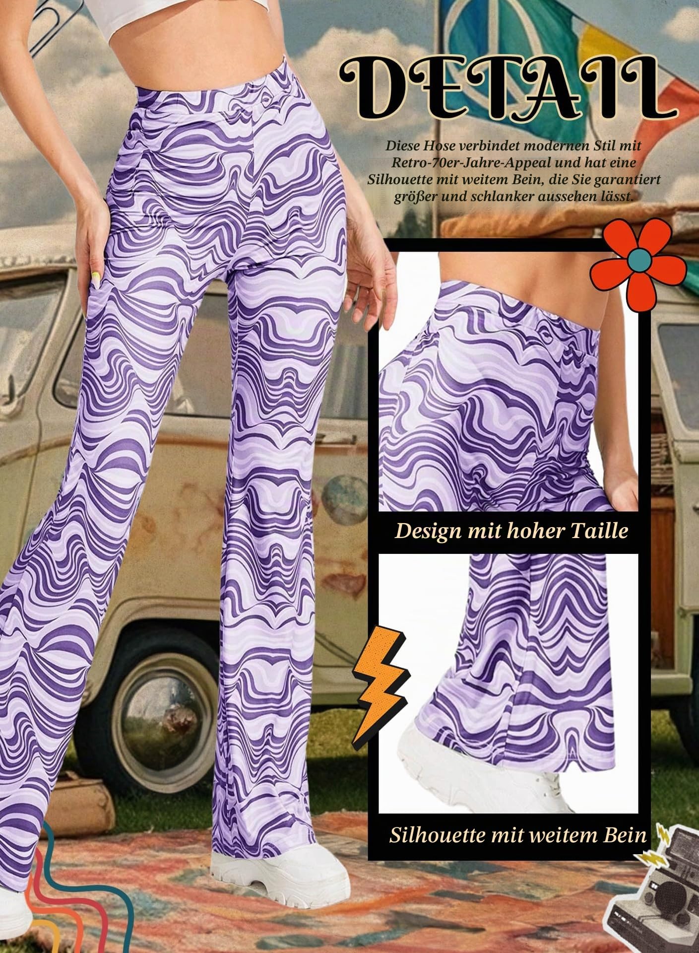 EVELUST Festival Flare Hosen Für Damen - 70er Jahre Outfit Hippie Kleidung Flower High Waist Breite Bein Flair Leggings Rave Disco Kostüm Palazzo Schlaghose Sommer Bell Bottom