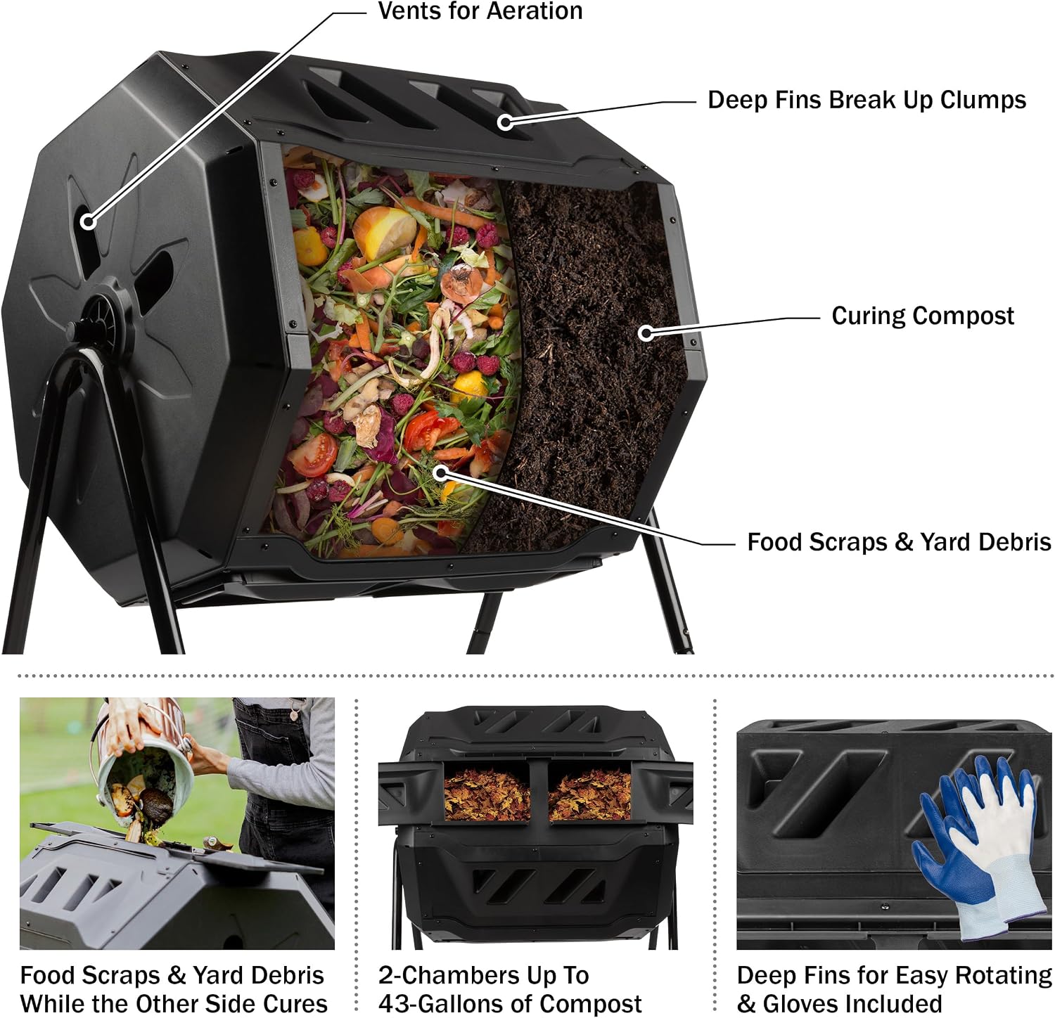Compost Tumbler - 43Gal Compost Bin with Dual Chambers, 360-Degree Rotating Design, and Garden Gloves Included - Homesteading Supplies by Pure Garden