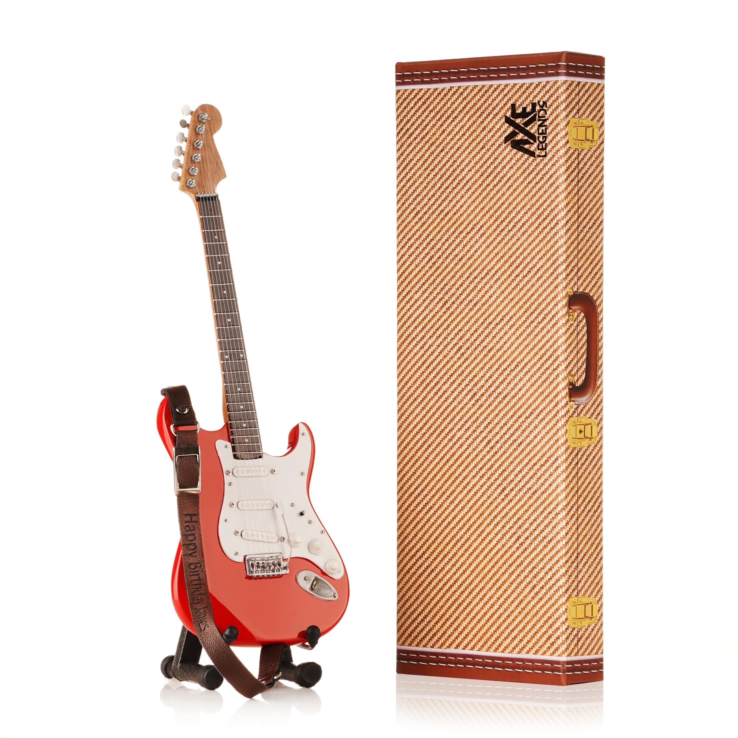 Red Strat Miniature Guitar | Handmade Wooden Mini Replica by Axe Legends | Includes Personalised Mini Leather Guitar Strap and A-Frame Display Stand | 25 cms Tall | Shipped in Gift Box