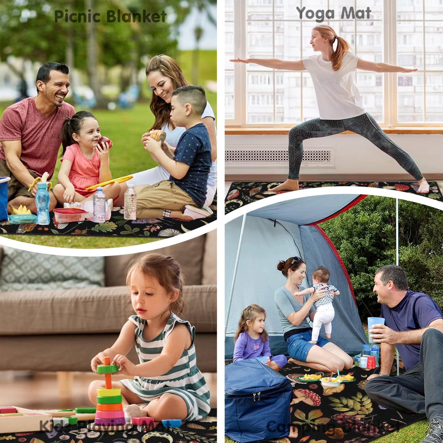 Supfitness Extra Large Picnic Blankets Waterproof Foldable (60"x 80") Mushroom Beach Blanket Waterproof Sandproof,3-Layer Thicking Mat Outdoor Packable Camping Blanket