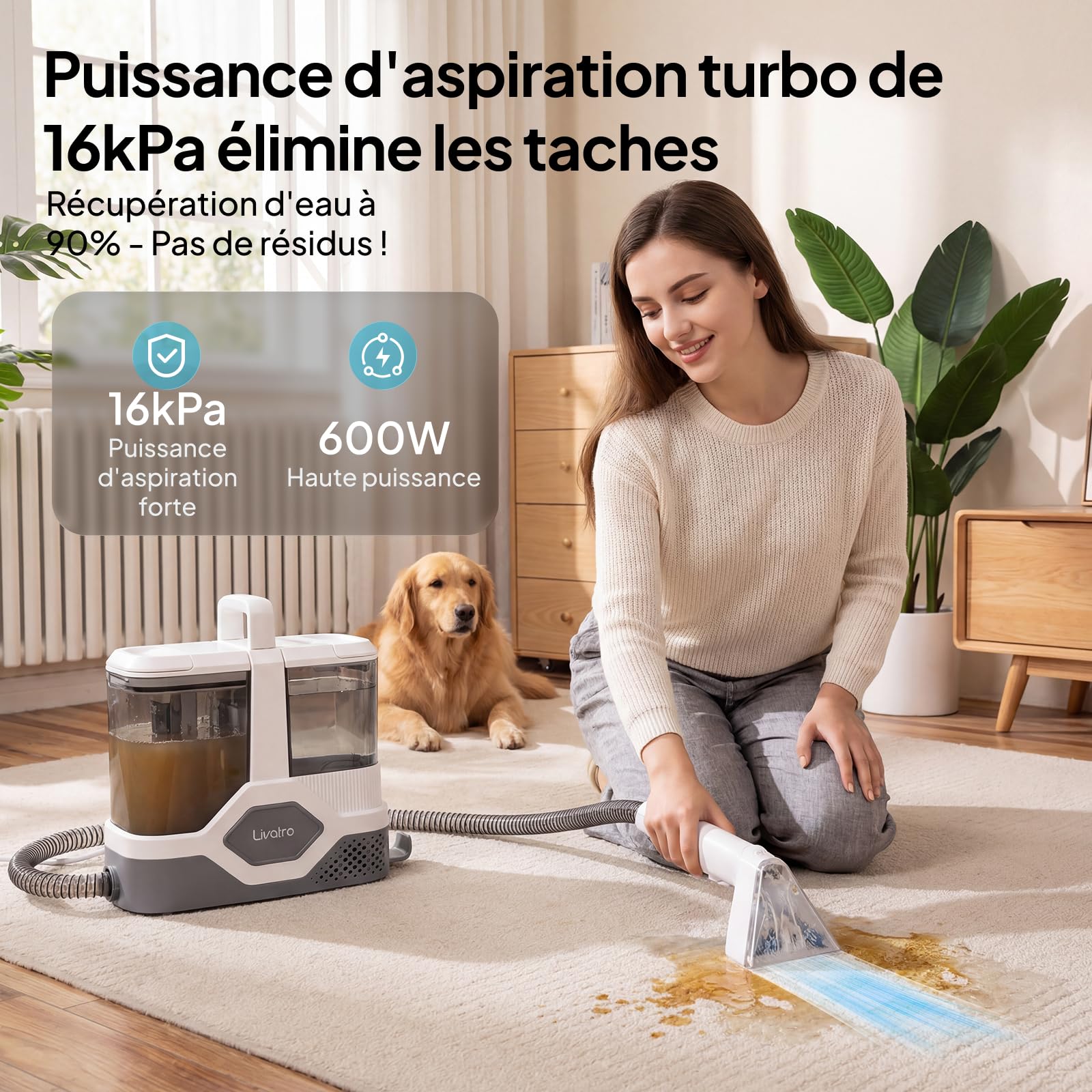 Livatro Shampouineuse Nettoyeur Canapé Tissu, 600W 16KPa Injecteur Extracteur, Fonction Autonettoyante, Réservoir 2,3 L, Compact et Portable, Shampouineuse Canape pour Tapis, Moquettes, Meubles, Auto