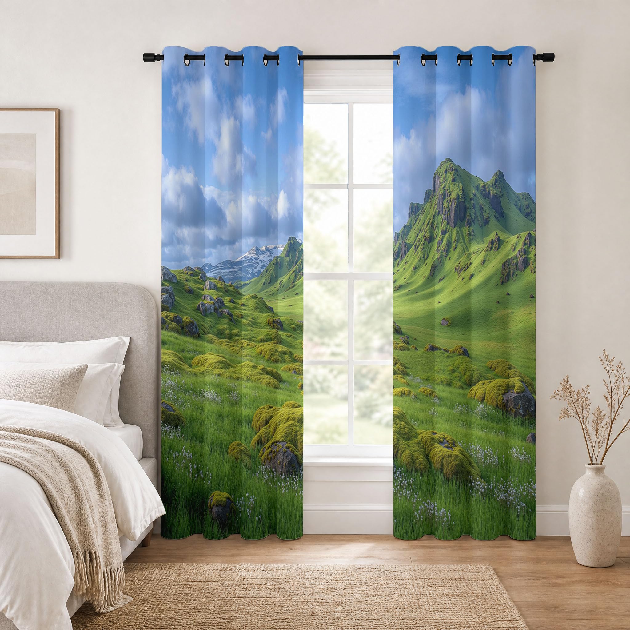 Cortinas Opacas Montañas Frescas Naturales Impresión,3D Musgo Rocas Cortinas Blackout Termicas Aislantes Frio y Calor con Ojales para Dormitorio Salon 2 Piezas 117×137cm,Verde