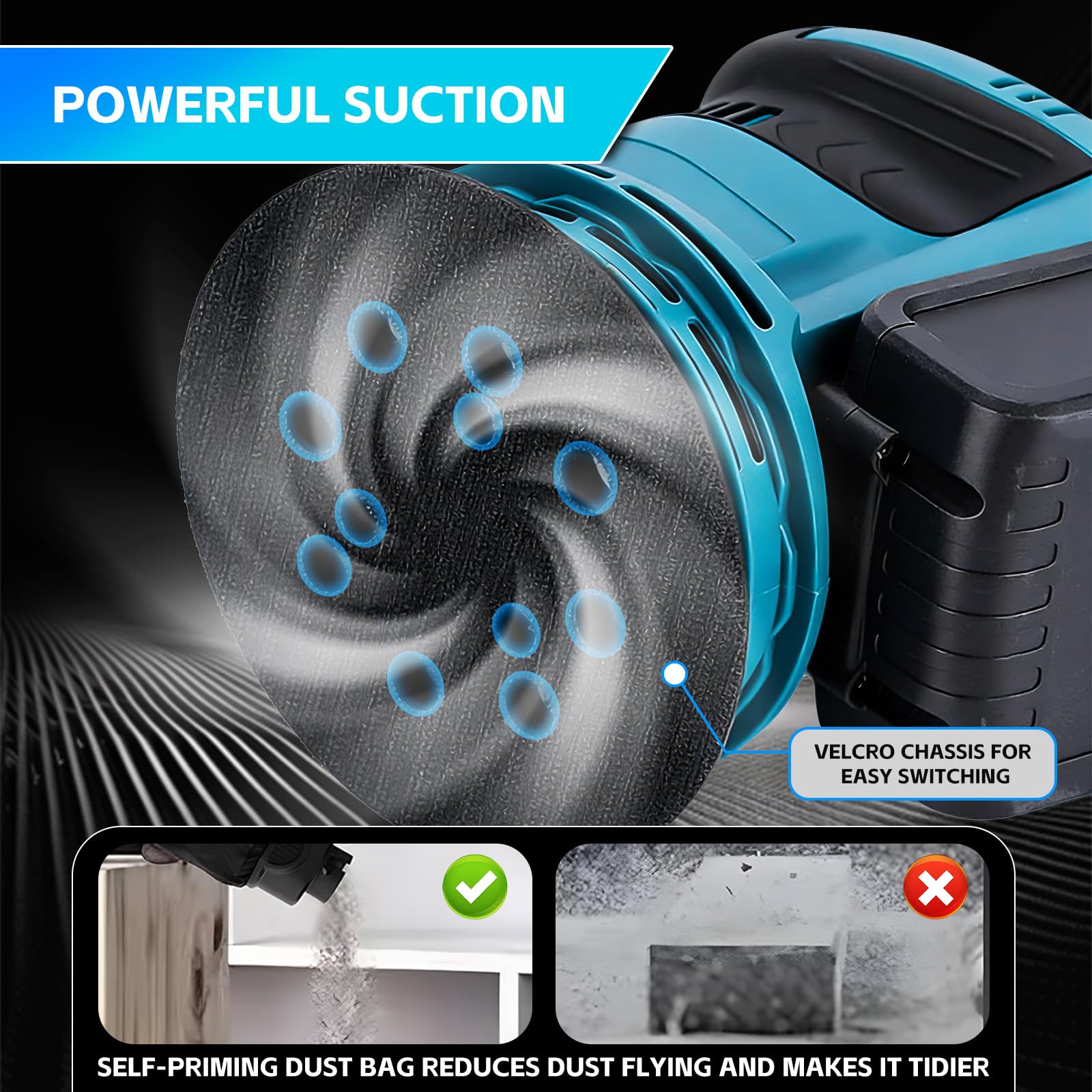 Levigatrice eccentrica per batteria Makita 18V, levigatrice a batteria da 125 mm, 3 velocità con contenitore per la raccolta della polvere e 20 fogli abrasivi (batterie non incluse)