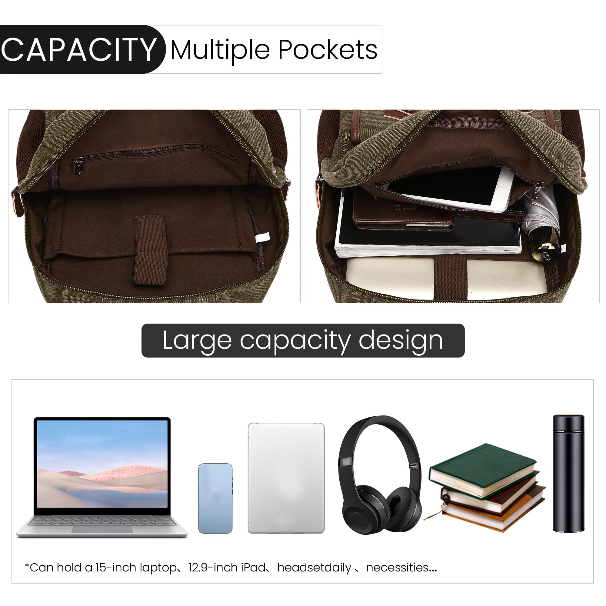 Retro Rucksack Herren Elegant Groß Kapazität Tagesrucksack für 15 Zoll Laptop mit Griff Mehrere Taschen Schulrucksack Reisen Lässig Arbeit Camping Täglich Leinwand Herren Backpack Grün