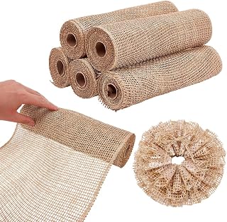 ORIGACH 5 Rolls Poly Burlap Mesh, 5 Yards Each, 10 Inches Linen Color Burlap Rolls Decorative Mesh for Fall Wreaths Bow Swags Craft Making Garden Farm Decor