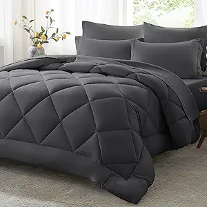 Anluoer Queen Comforter Set,Dark Grey Bed in a Bag 7 Piece,Lightweight Bedding Set with Soft Down Alternative Fill,Bed Set Includes Comforter, Fitted Sheet, Flat Sheet,Pillowcases and Shams
