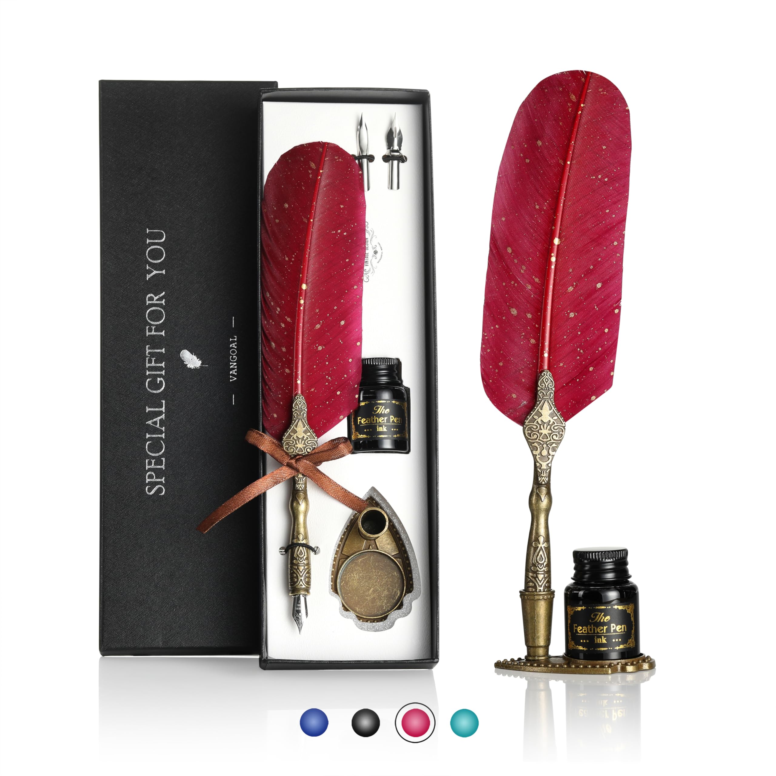 VANGOAL Vintage Carving Feather Pen Set, Glittering Quill Pen Set Antique Calligraphy Writing Dip Pen with Ink, 2 Nibs, Pen Stand Base, Luxury Vintage Signature Pen (Red)