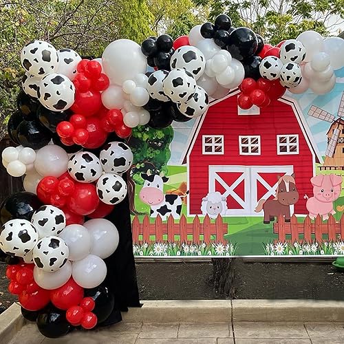Kit de arco de guirnalda de globos de vaca, 150 globos de mezcla de globos rojos, negros y blancos para decoraciones de fiesta de cumpleaños de