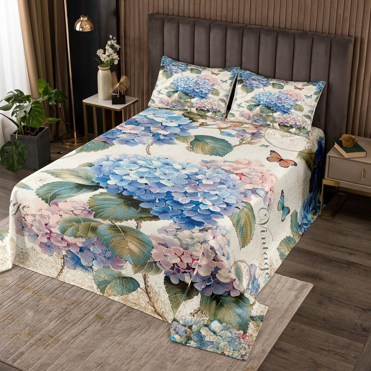 Erosebridal Vintage Floral Coverlet King Size Blue Pink Hydrangea Bedding Set for Girls Room Decor, Colorful Butterfly Coverlet Set Wild Animal Quilt Set, Retro Botanical Bed Cover 3pcs Home Decor