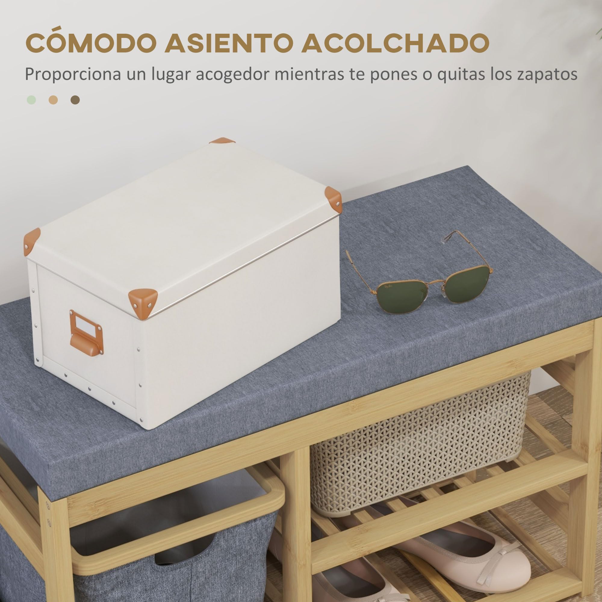 HOMCOM Banco Zapatero de Bambú con Asiento 4 Pares 69x30x45 cm Natural | Mueble Zapatero, Cesta Extraíble, Estantes Abiertos, Bancos Pequeños para Recibidores