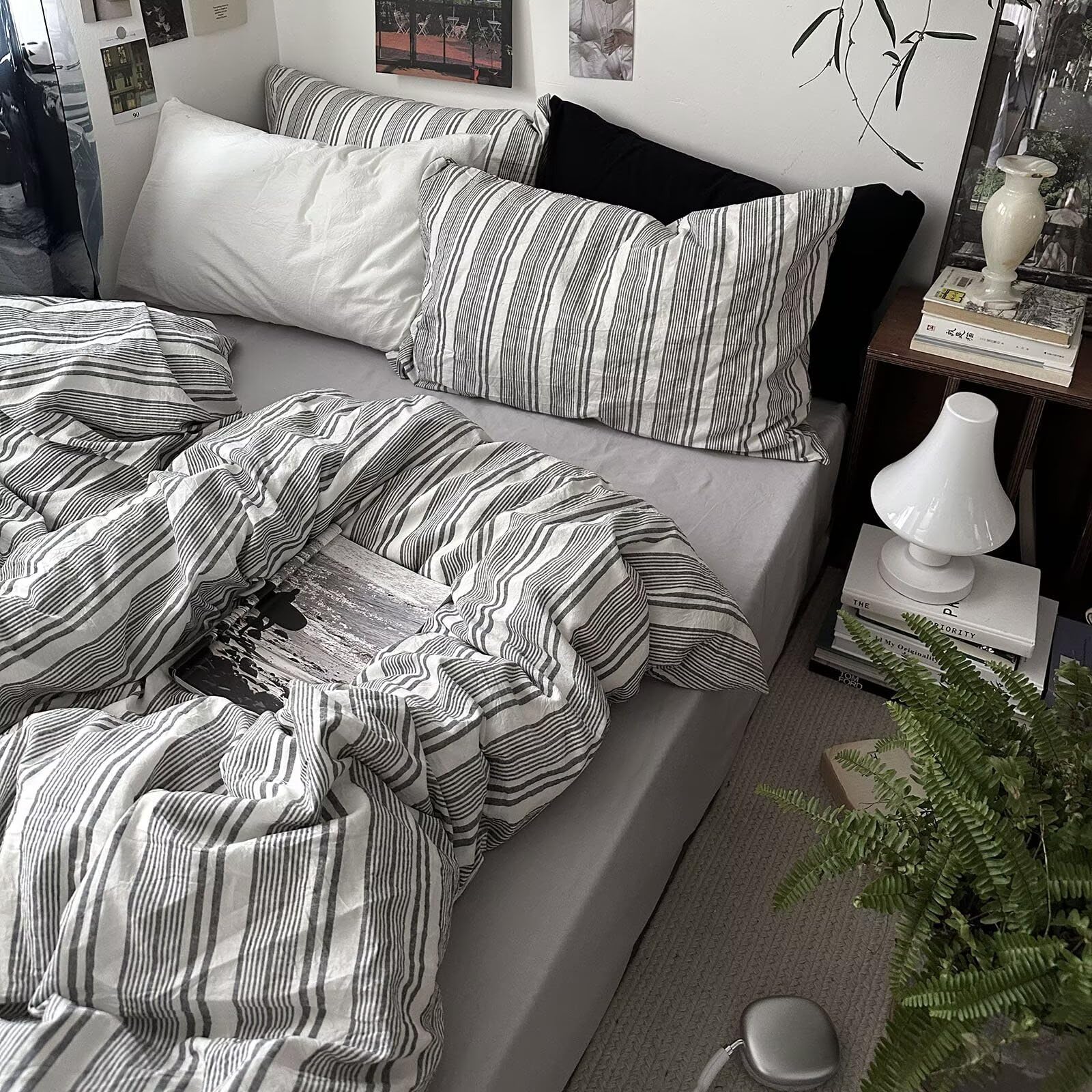 MKXI Twin Size Charcoal Grey &amp; White Striped Duvet Cover Set - 3 Piece Modern Washed Cotton Bedding, Soft Breathable Comforter Cover with Zipper Closure &amp; Corner Ties, Minimalist Geometric Design