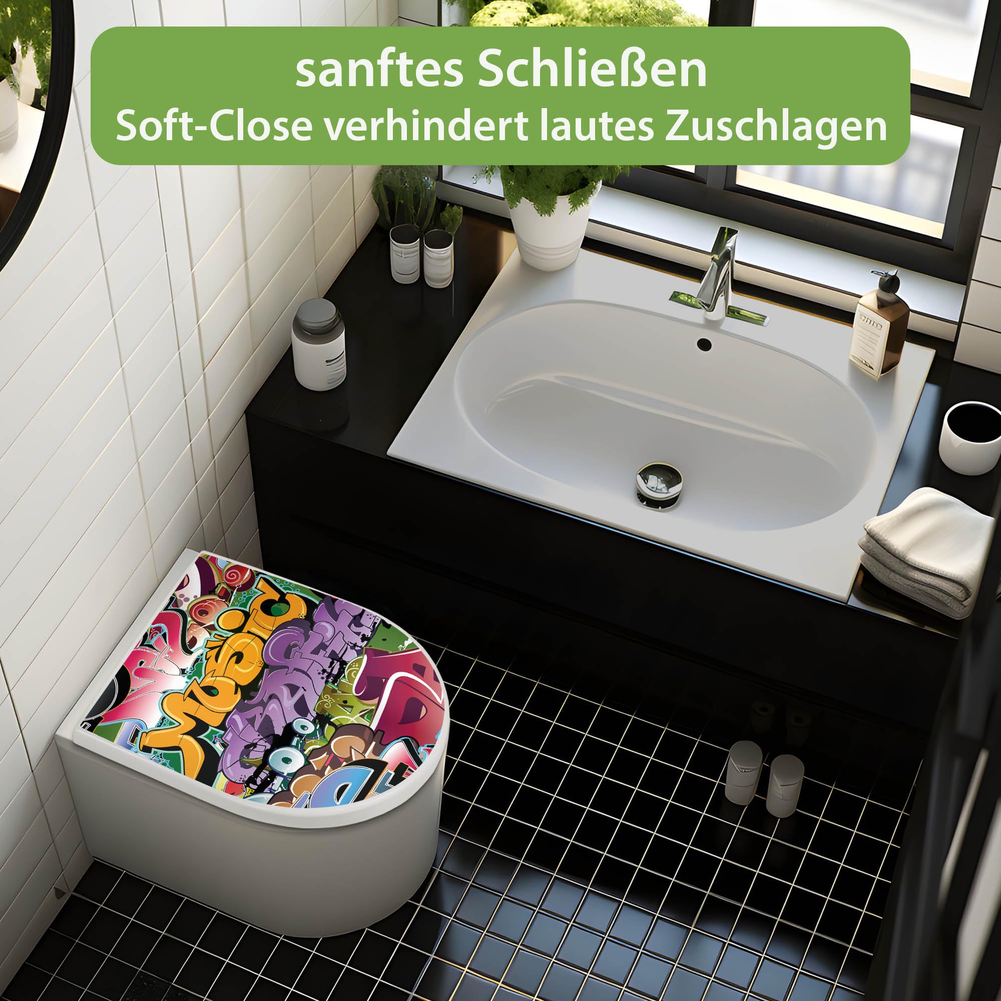 banjado WC Sitz mit Absenkautomatik D Form - Toilettendeckel mit Absenkautomatik D Form - Klodeckel Softclose - stabile Klobrille - Toilettensitz Weiß - Motiv Graffiti