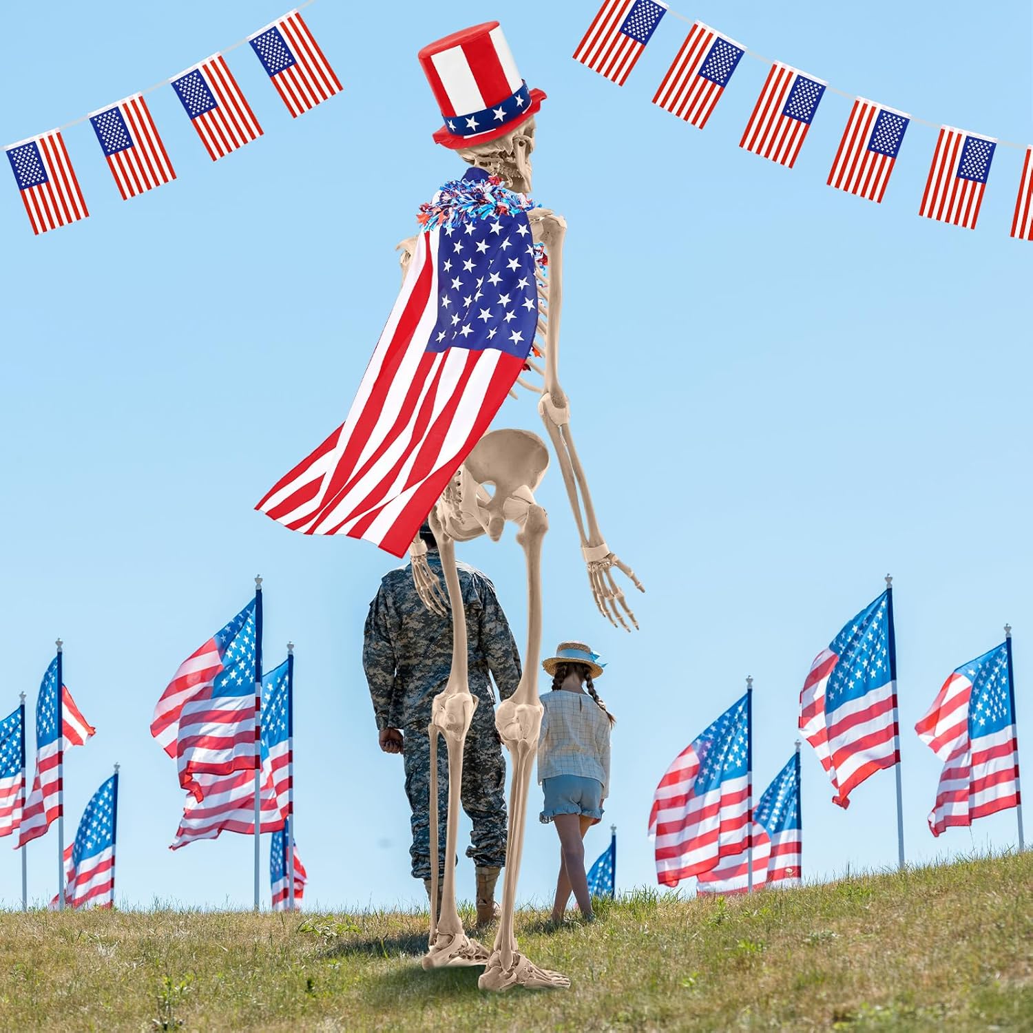 4 Pcs 4th of July 12 ft Skeleton Patriotic Outfit Accessories Hat, Cape, Flag Banner, Tinsel Garland Giant Skeleton Costume Clothing for Parade Garden Lawn Outdoor Decor