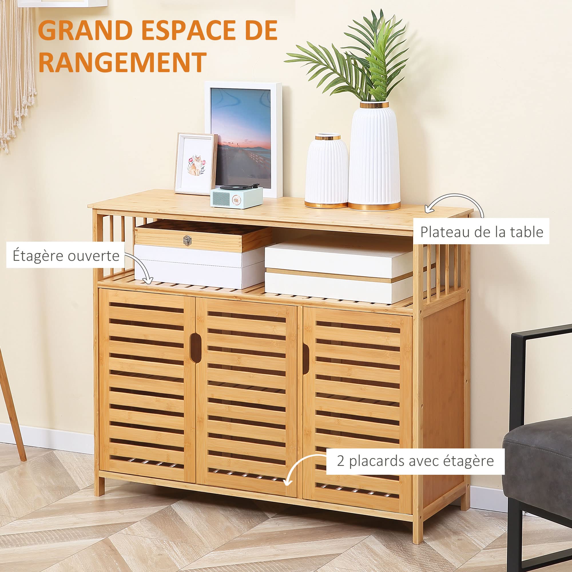 HOMCOM Buffet Meuble de Rangement Bois Bambou 3 Portes 100 x 35 x 82 cm | Étagères
