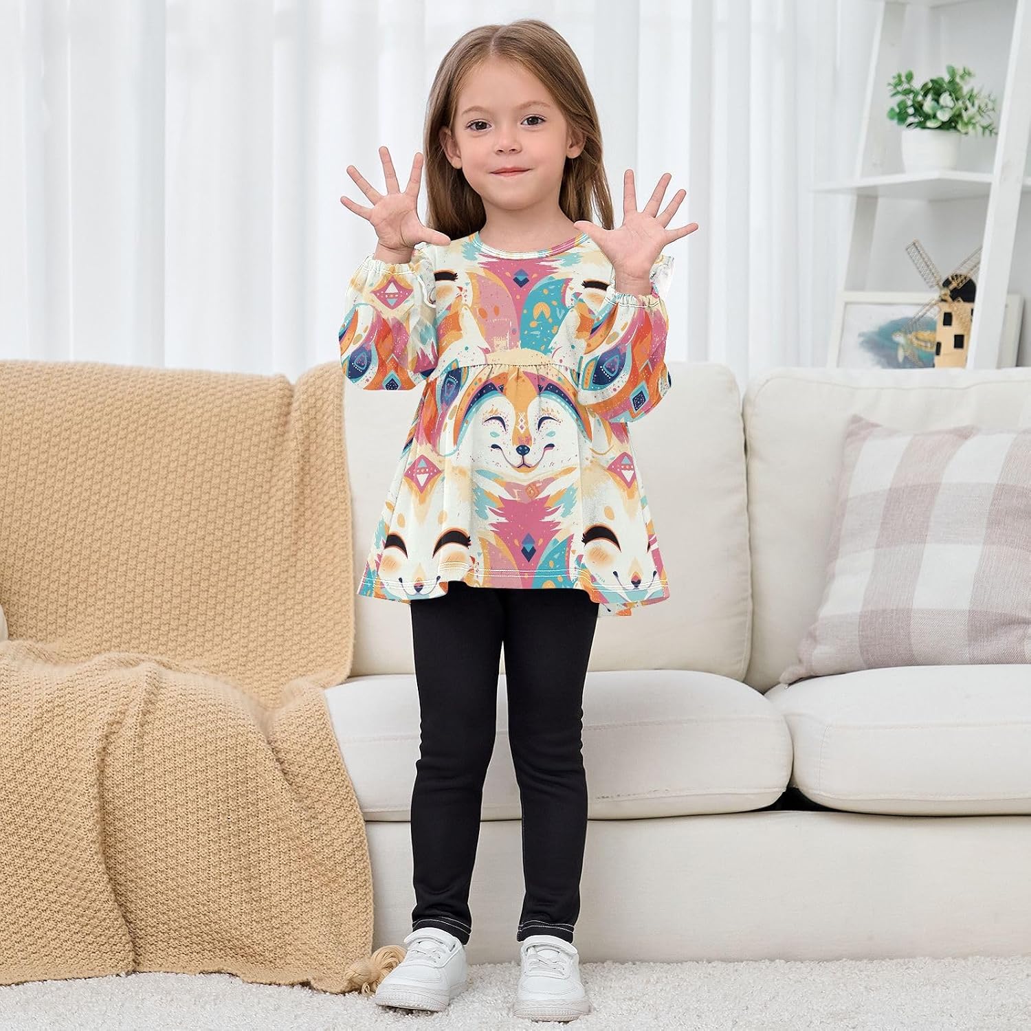 visesunny Toddler Clothes for Girls Shy Corsac Fox Long Sleeve Fall Shirts Cotton Top with Ruffle Collar