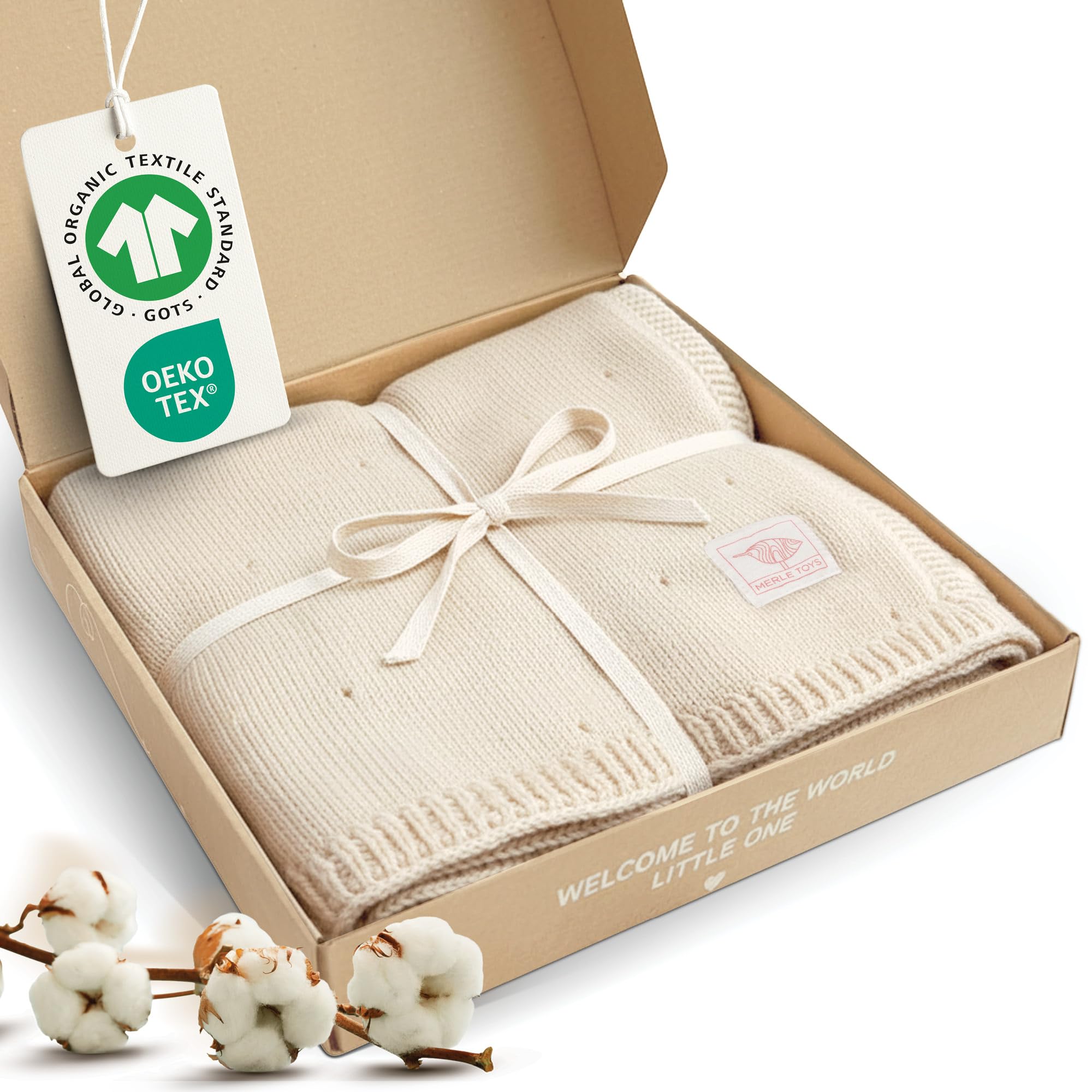 Merle Toys® Premium Babydecke Baumwolle, 100% Bio - GOTS & Oeko-TEX Zertifizierte Strickdecke, Baby Decke Neugeborenen, Kuscheldecke Baby, Blanket Newborn Cotton, Babydecke Bio Baumwolle, Perlweiß