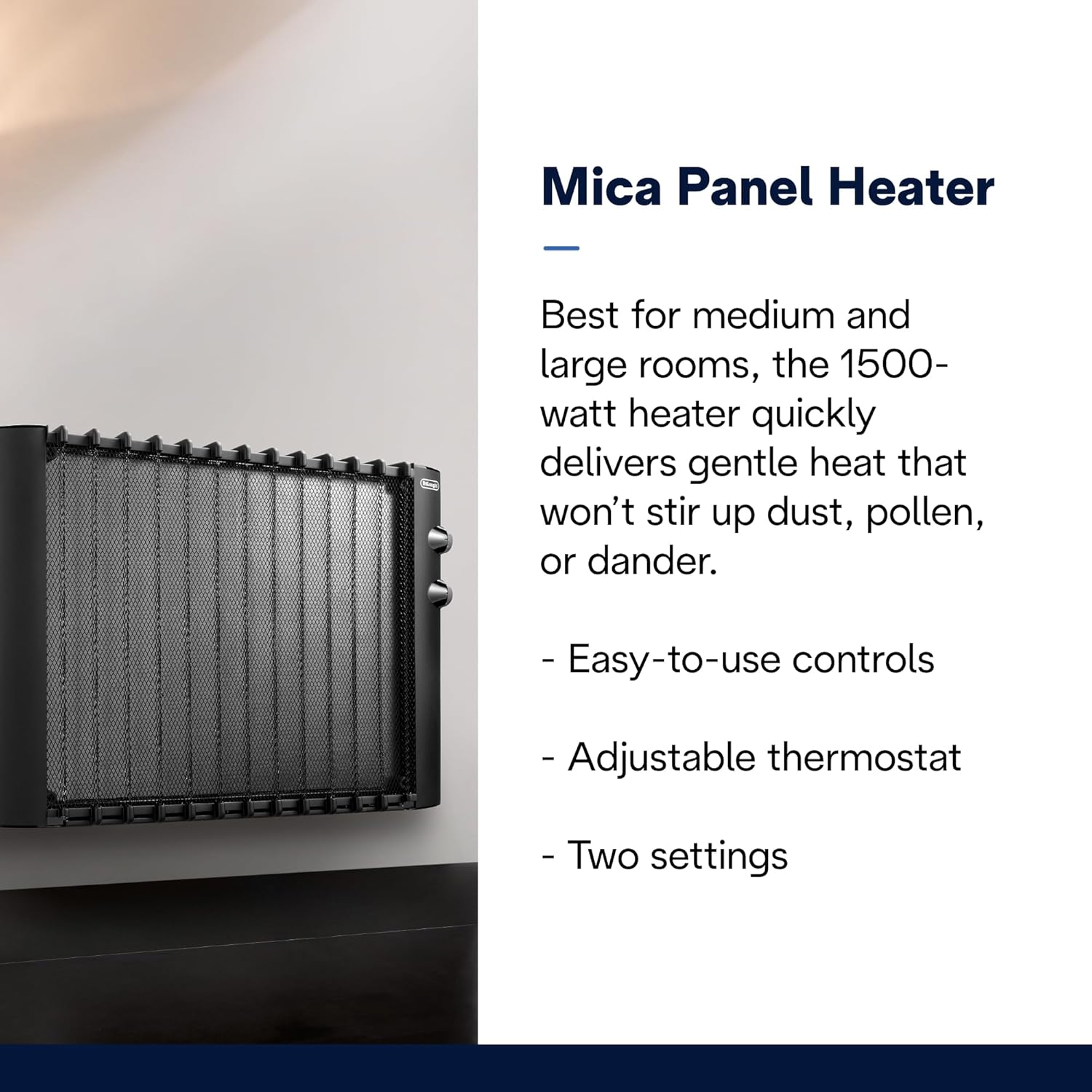 DeLonghi Mica Panel Space Heater, 1500W quiet electric space heater for indoor use, adjustable thermostat, freestanding/ easy wall mount, full room heating with built-in safety features, HMP1500 Black