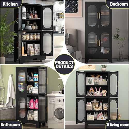 Miniatura 5 de Gabinete de almacenamiento de despensa negro de 61 pulgadas, armario de despensa de cocina con puertas y estantes de vidrio acrílico, con pie de