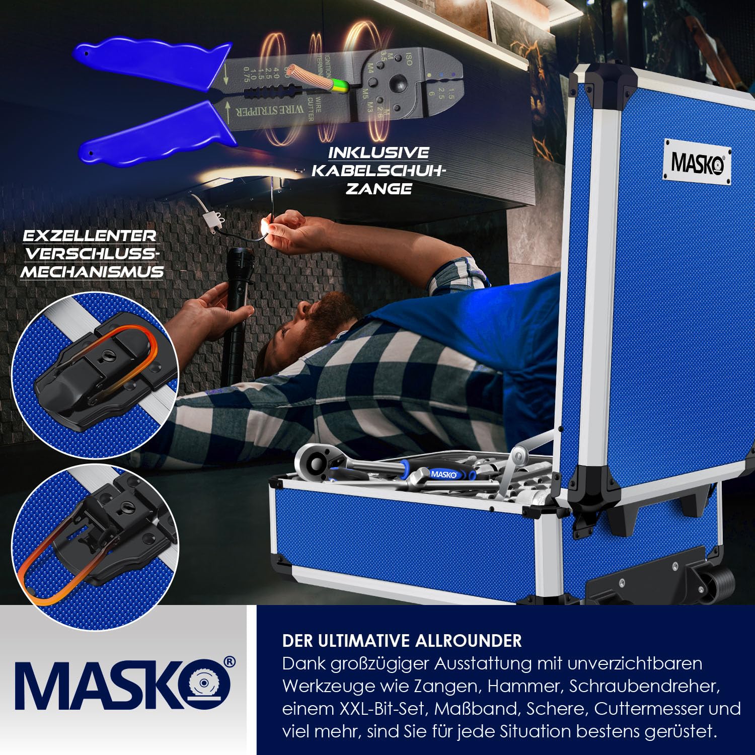 MASKO® Mallette à outils remplie de 1400 pièces | Kit d'outils dans une mallette en aluminium | Boîte à outils avec roulettes | Boîte à outils pour la maison, les loisirs, la voiture | Fonction