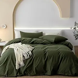 JIYUAN 100% Washed Cotton Duvet Cover Set 3 Pieces Full, 1 Duvet Cover 80x90 Inches(Comforter Not Included) and 2 Pillowcases,Linen Feel Bedding Set Comfy and Breathable,Olive Green