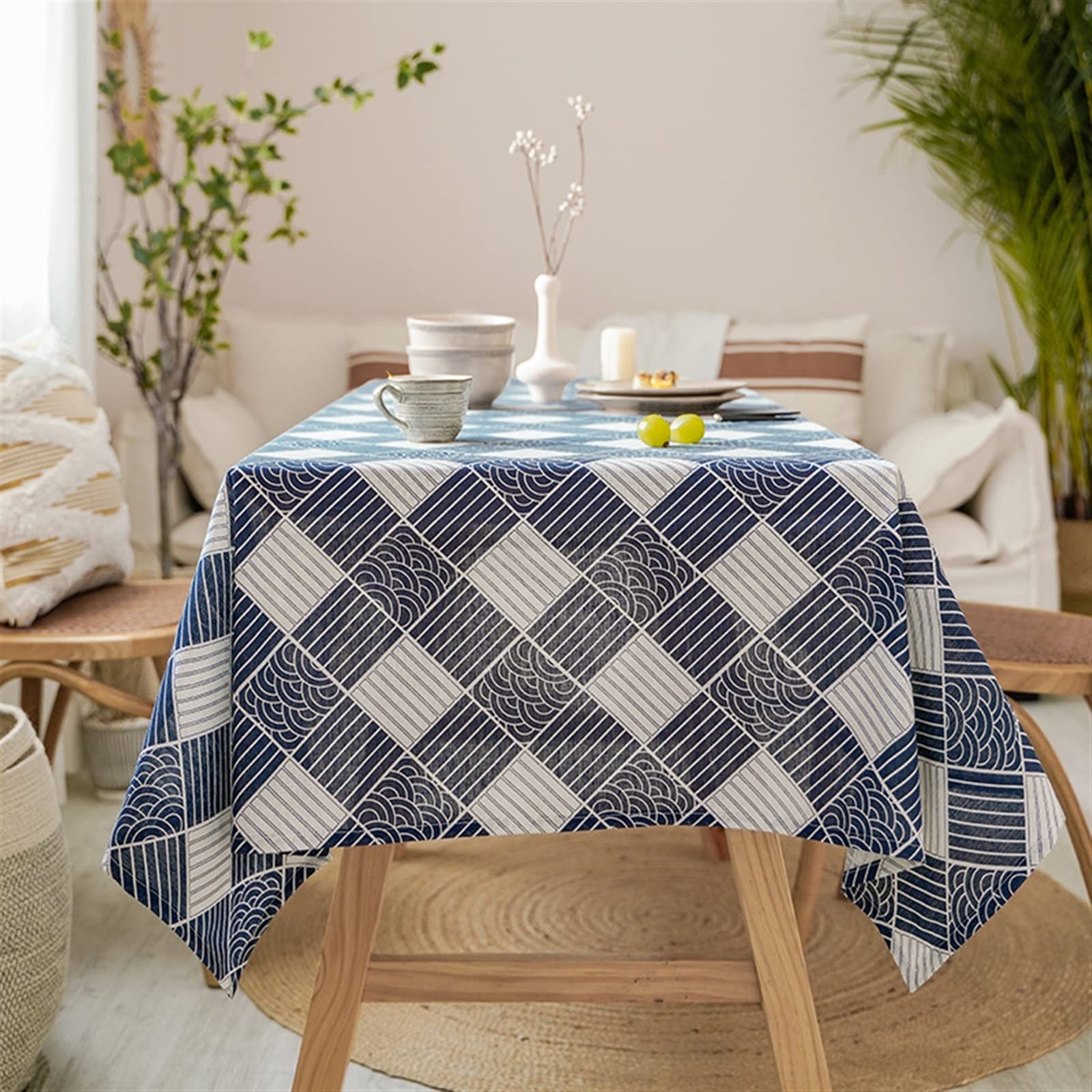 Bawełniany lniany obrus w stylu japońskim zmywalny prostokątny błękitny morski falujący domowy stolik kawowy kominek osłona kuchenki mikrofalowej(Checkered,140x240 cm)