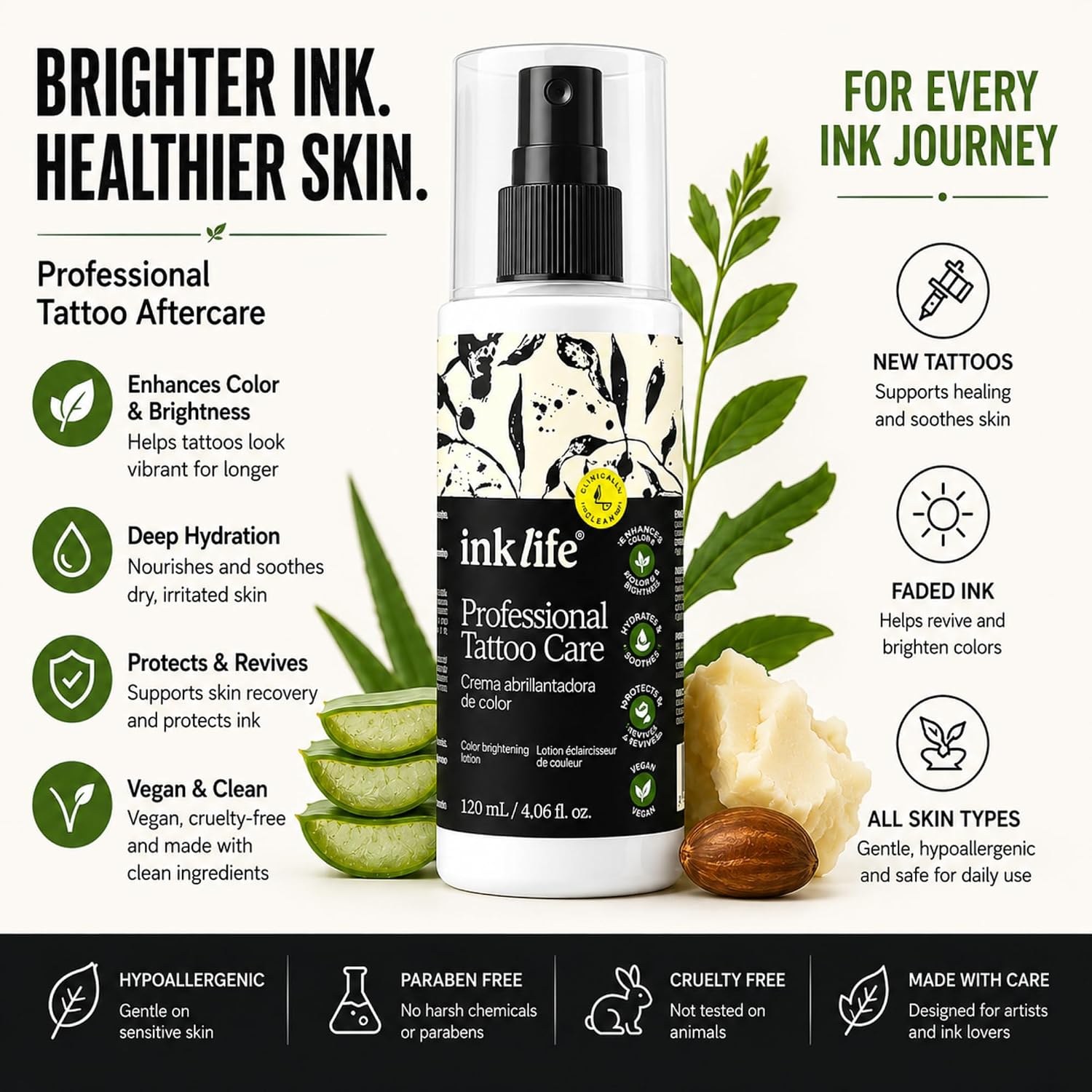 Ink Life Tattoo Aftercare Cream 4.06 fl oz (120 ml) – Vegan Tattoo Care Lotion for Color Brightening, Hypoallergenic Tattoo Moisturizer for New & Old Tattoos