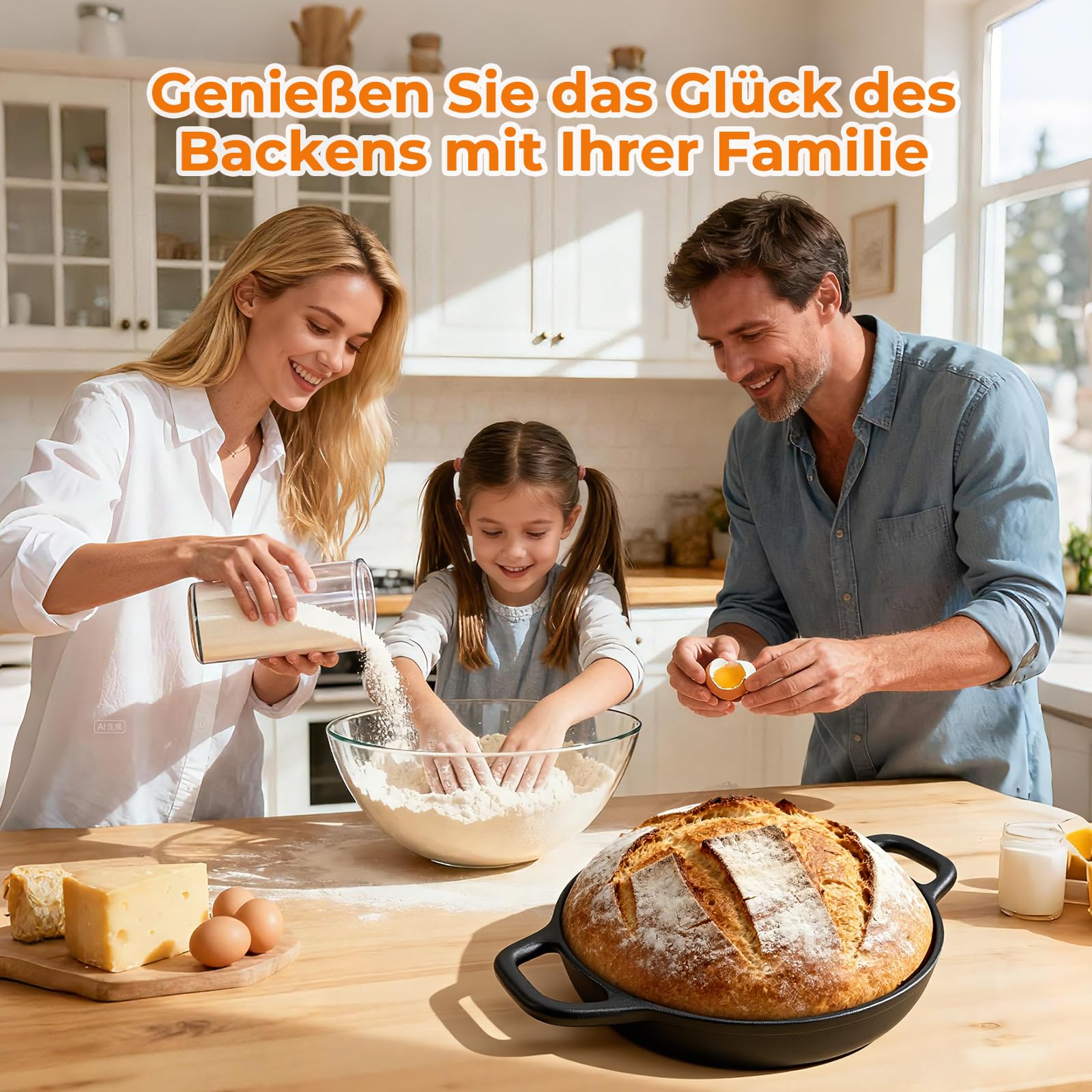 AHJ Eingebranntes Gusseisen Topf Brotbacken,4,7L/24 cm Dutch Oven | Brotbacktopf mit Deckel & Silikonmatte,Bräter Schmortopf für Sauerteig Brot,Backen Schmoren & Braten,Geschenk für Brotbäcker