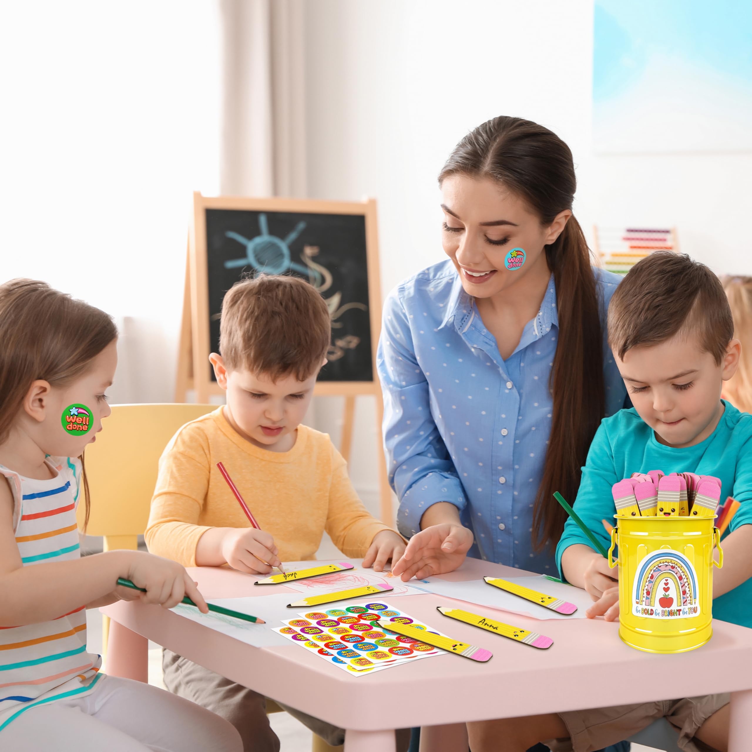 Lot de 49 bâtons de crayon en bois pour la rentrée des classes, pour enseignant, avec boîte de rangement, 240 autocollants de récompense pour groupe d'étudiants, gestion des activités d'apprentissage