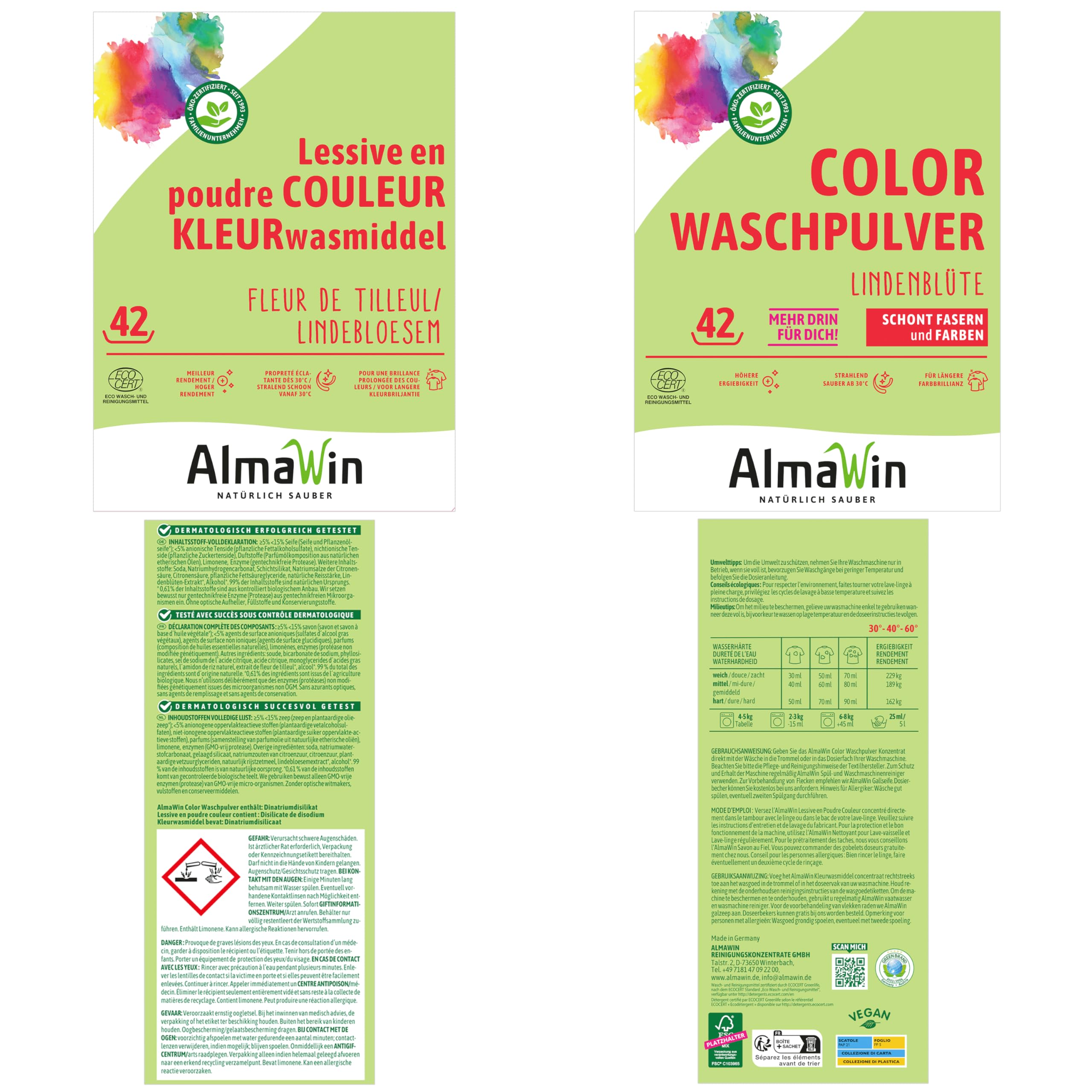 AlmaWin Color Lessive en poudre Fleur de tilleul 2 kg, 42 lavages, végétalien