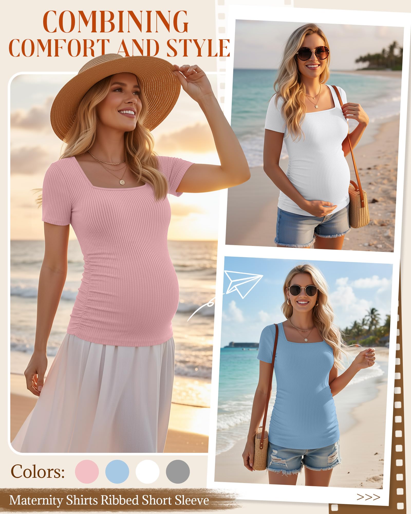Geyoga Lot de 4 Chemises de Maternité pour Femmes | T-shirt De Maternité À Manches Courtes En Pur Coton Côtelé, Col Carré, IDéal Pour Le Travail Au Quotidien Des Mamans