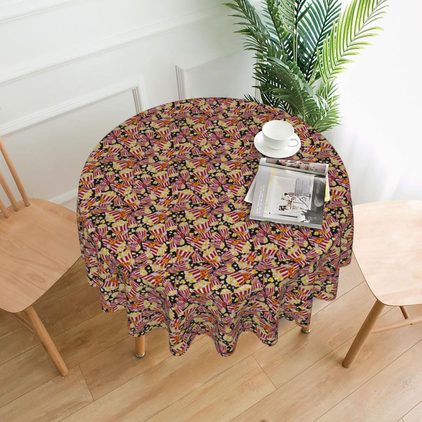 DEXNEL Popcorn Print Print 60'' Round Tablecloth Retro Polyester Washable Cover for 4-6 Seat Dining Table Boho Decor