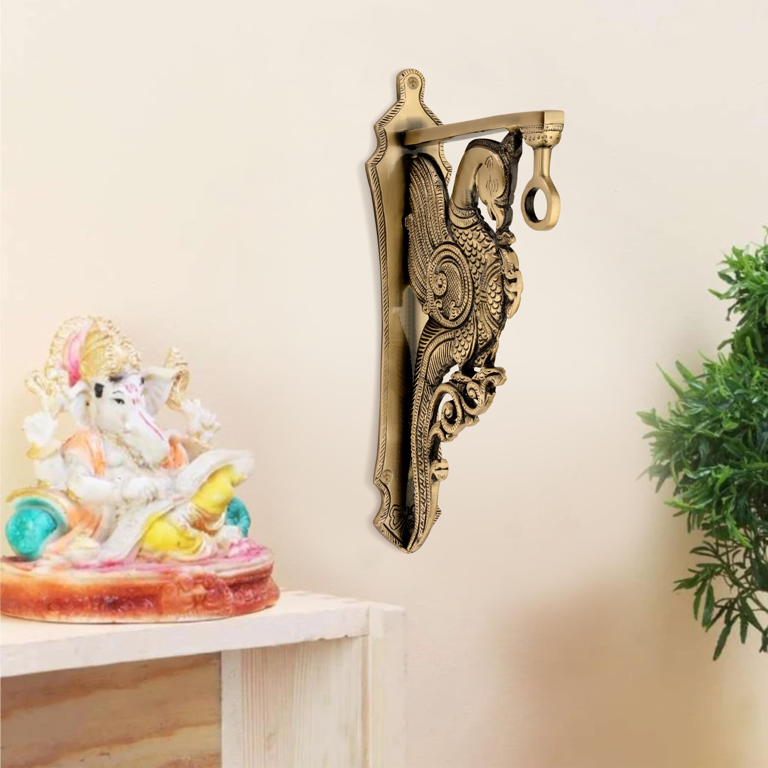 DEVDECOR, Brass Wall Bracket with Peacock Design – Vintage Style Hook for Home, Balcony, or Temple Use |12 Inch Ornate Wall Mount for Hanging Diyas or Bells-image-35