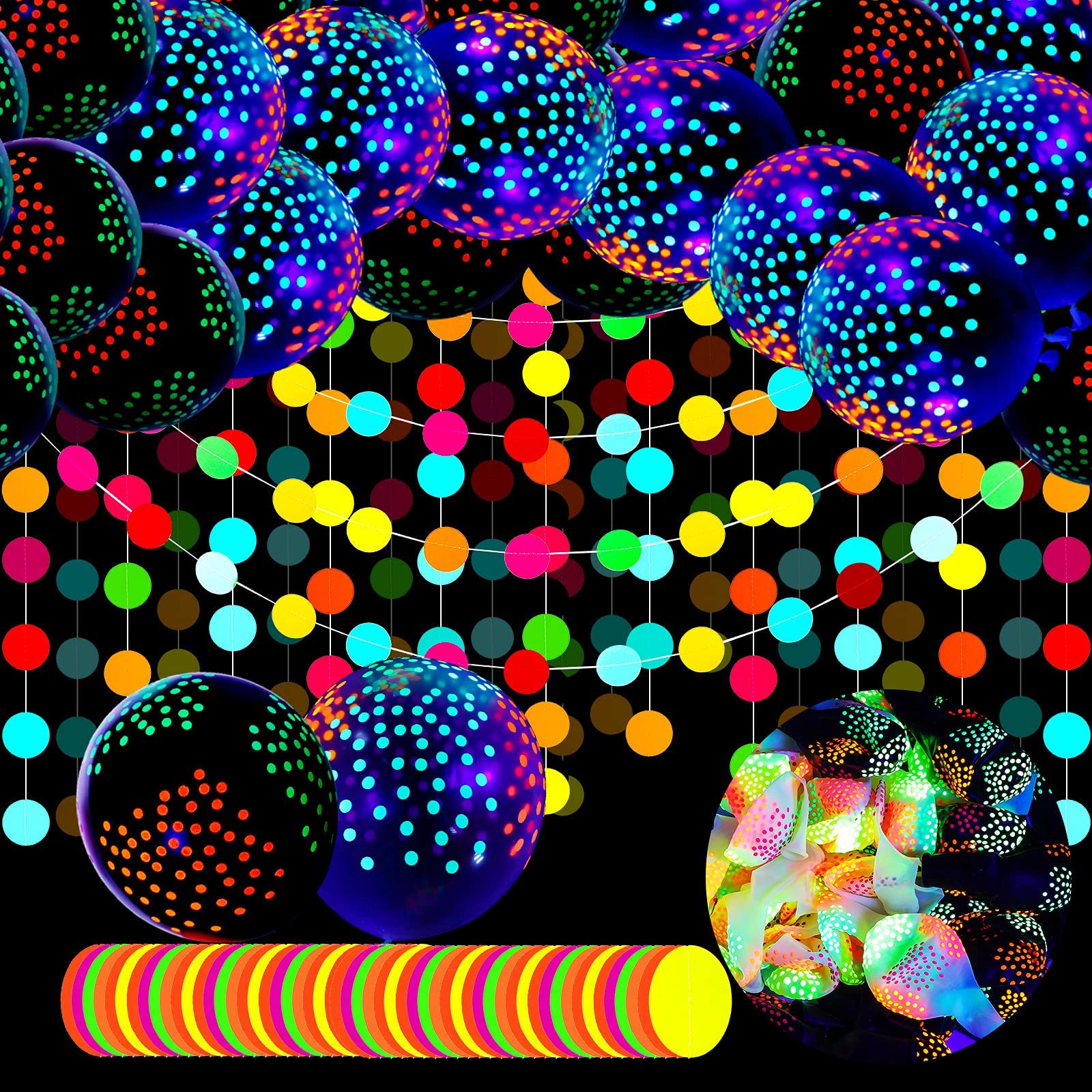MAKINGTEC 40 Pieces Neon Balloons Glow in the Dark, Glow in the Dark Neon Party Supplies, 12 Inch Black Light Polka Dot Latex Balloons and 4 meter Neon Paper Polka Dot Garland (Black, White)