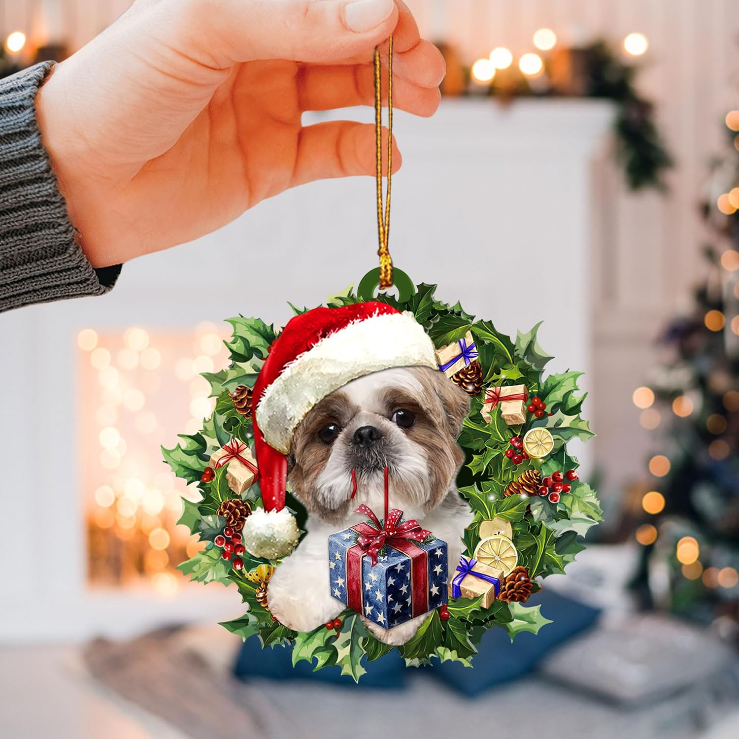 Talataca Shih Tzu Wearing A Christmas Hat Wreath Dog Lover 2D Flat Car Rear View Mirror Accessories Christmas Tree Ornament Decoration Hanging Charm Interior Rearview Pendant Decor Gift image 3